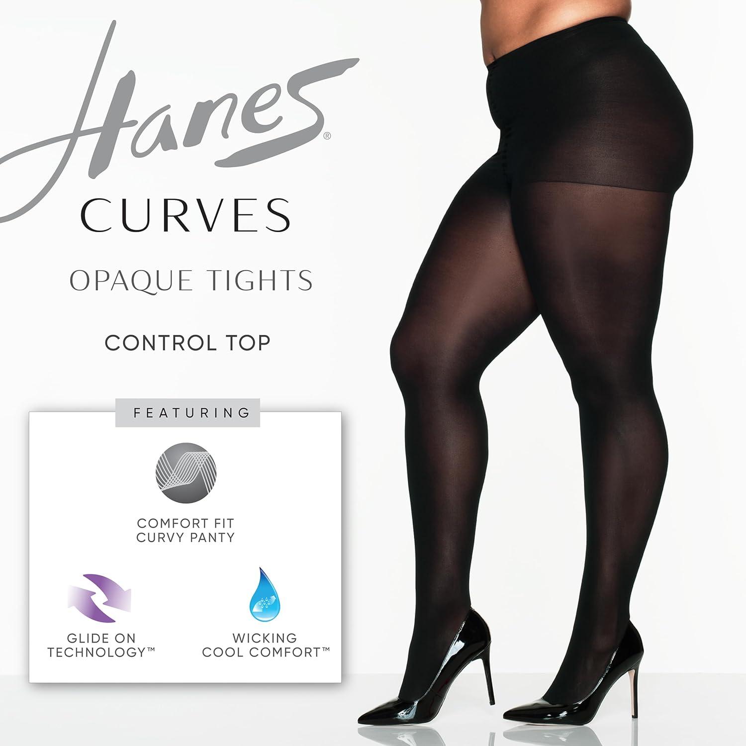 imageHanes Curves Womens Control Top Sheer Toe Silky Opaque Wicking Cool Comfort Plus Size PantyhoseBlack