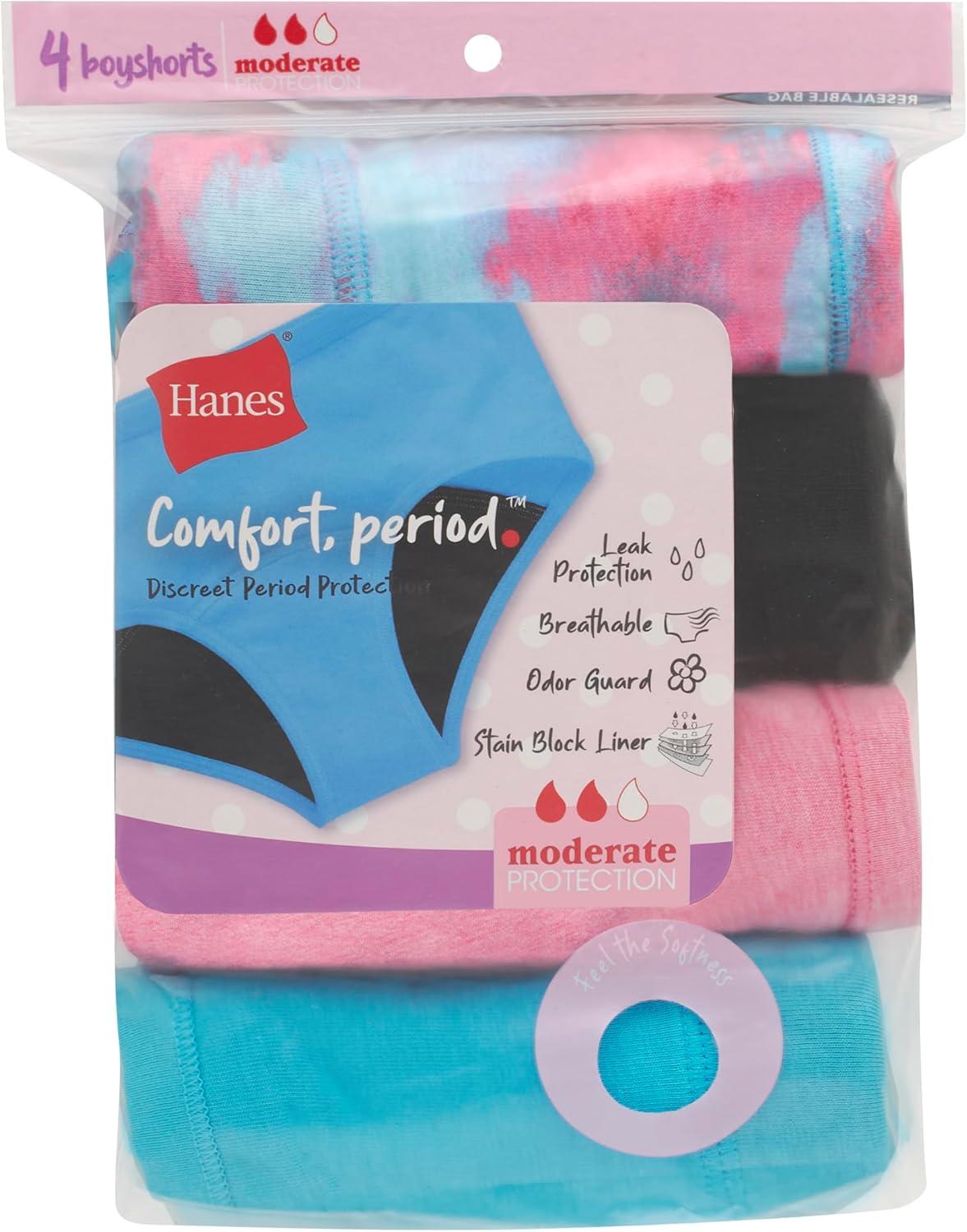 imageHanes Girls Comfort Period Boyshort ampamp Hipster Period Underwear Moderate Protection MultiPackBoyshort PinkBlueBlack 4 Pack