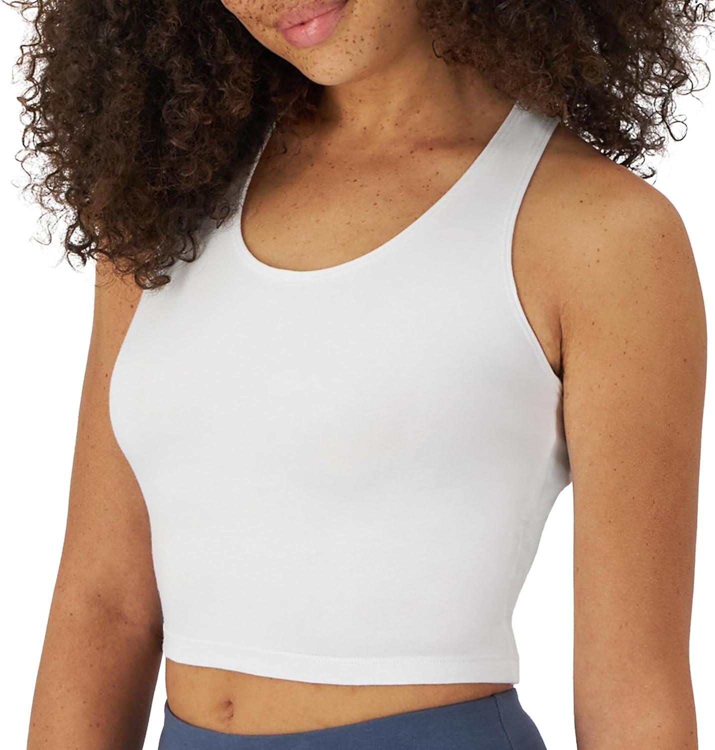 imageHanes Light Workout 3Pack StretchCotton Cropped Yoga Tank Tops for Women with Builtin BraWhiteWhiteWhite