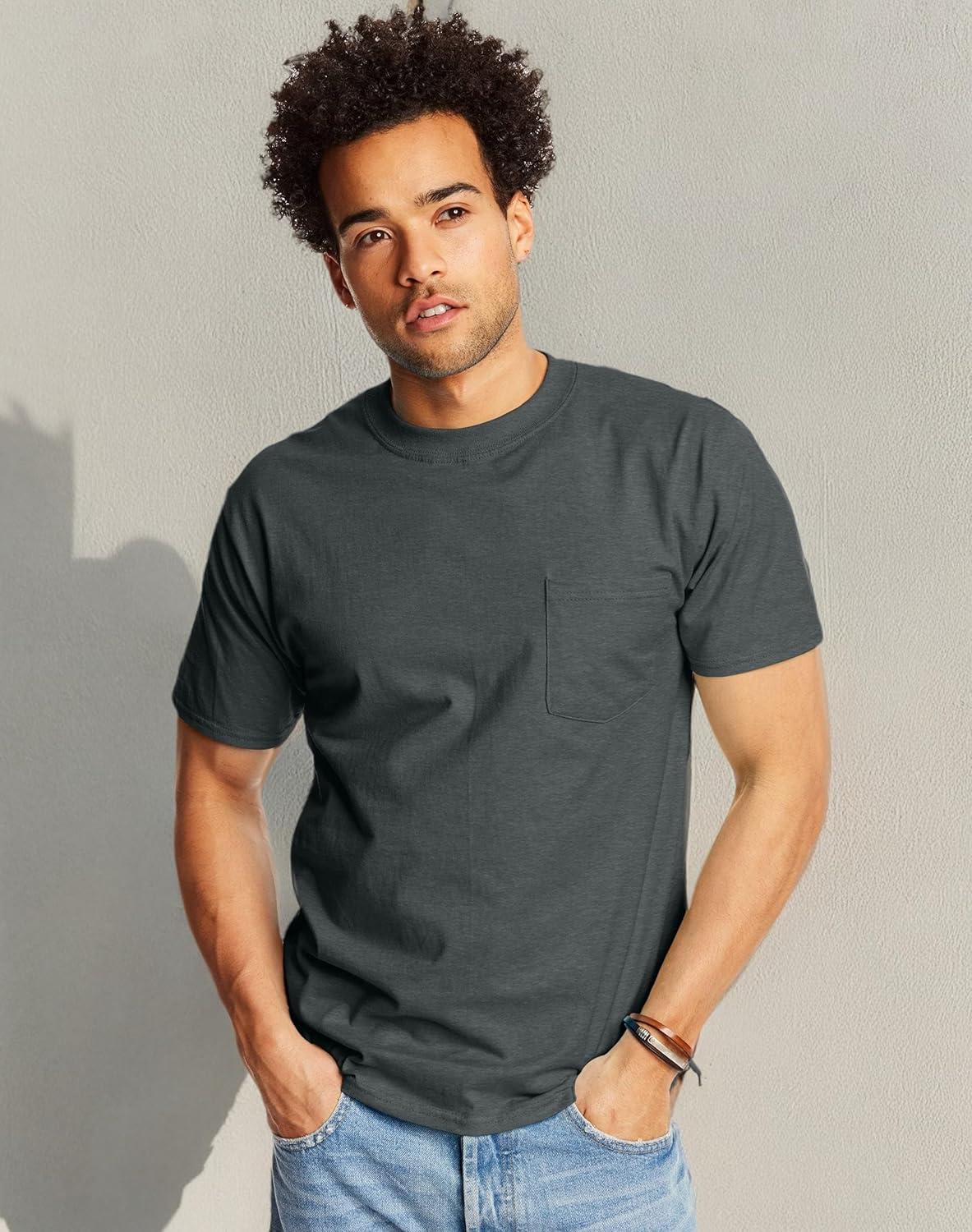imageHanes Mens Beefyt Pocket Heavyweight Cotton Pocket Tee for Men FullCut TShirt 1 Or 2 PackCharcoal Heather 2 Pack
