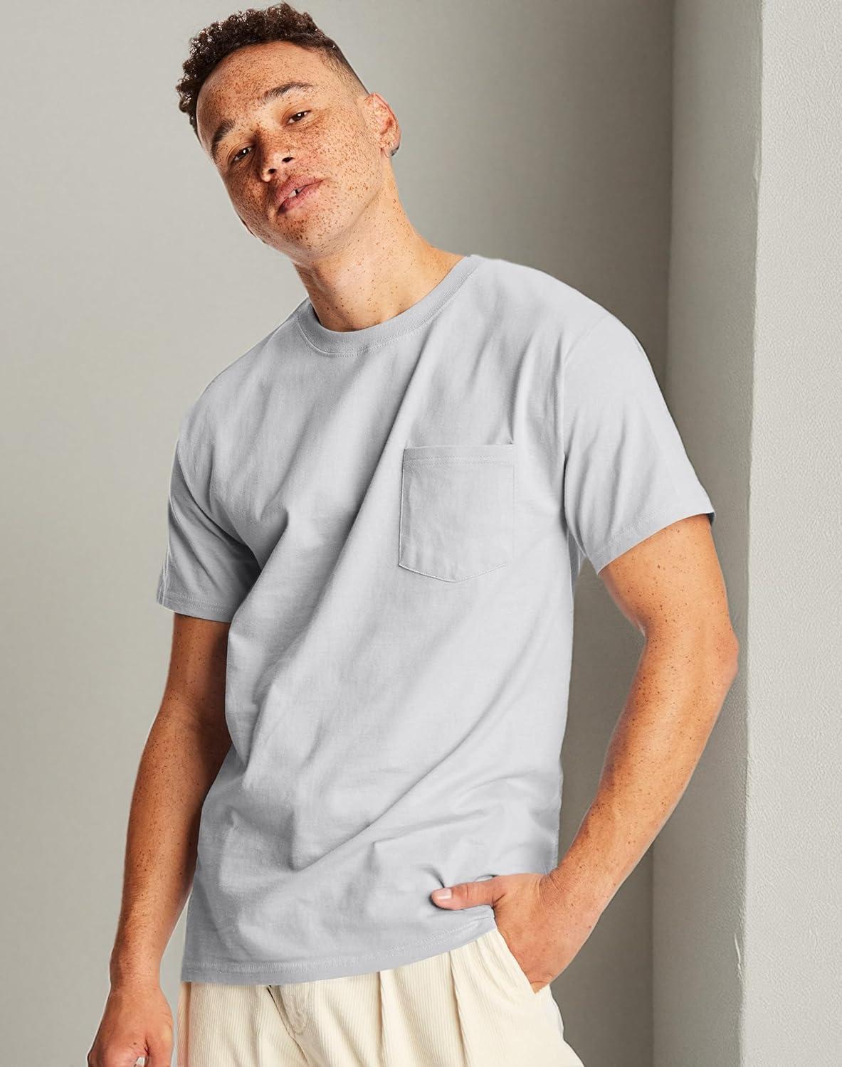 imageHanes Mens Beefyt Pocket Heavyweight Cotton Pocket Tee for Men FullCut TShirt 1 Or 2 PackLight Steel 2 Pack