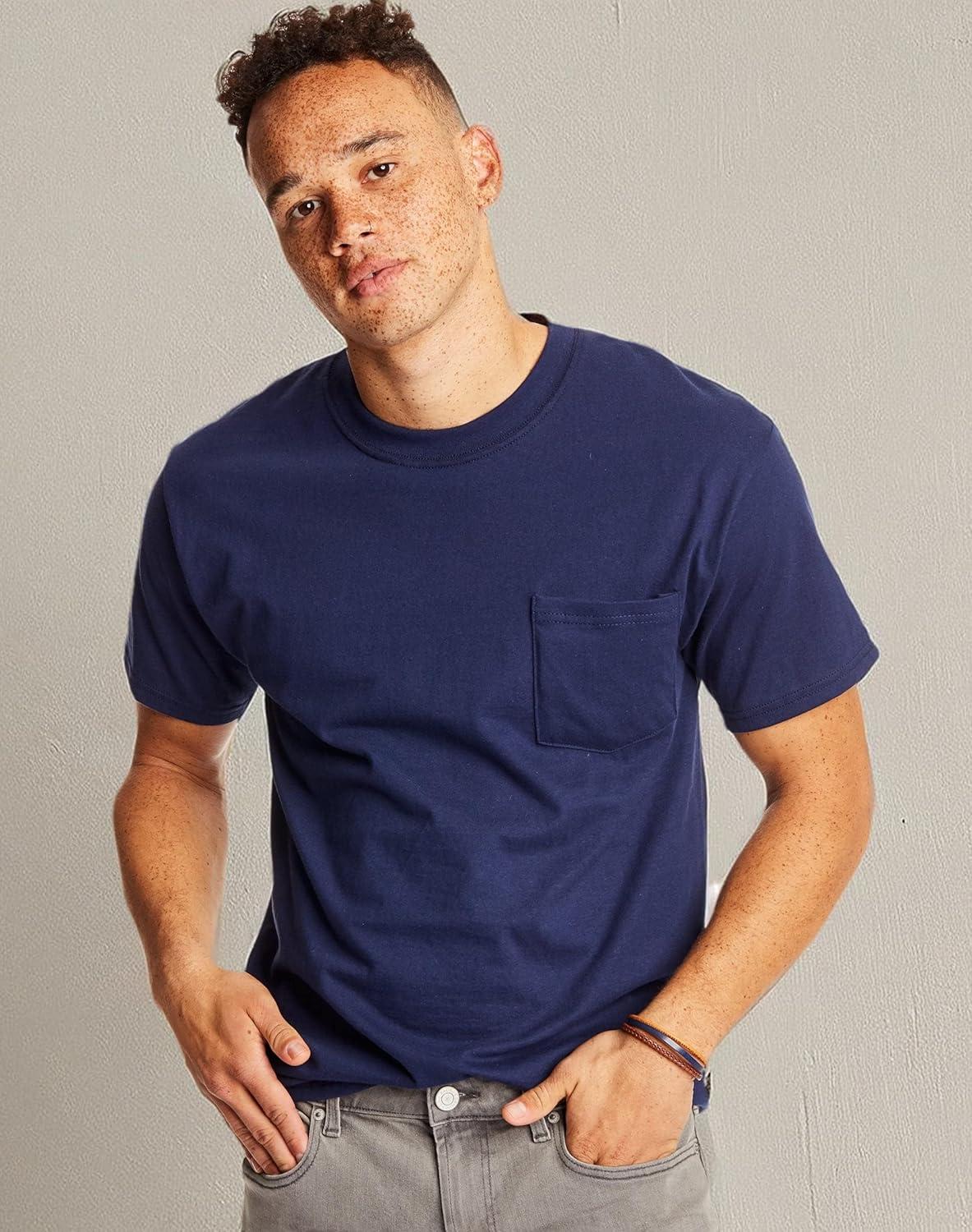 imageHanes Mens Beefyt Pocket Heavyweight Cotton Pocket Tee for Men FullCut TShirt 1 Or 2 PackNavy 2 Pack
