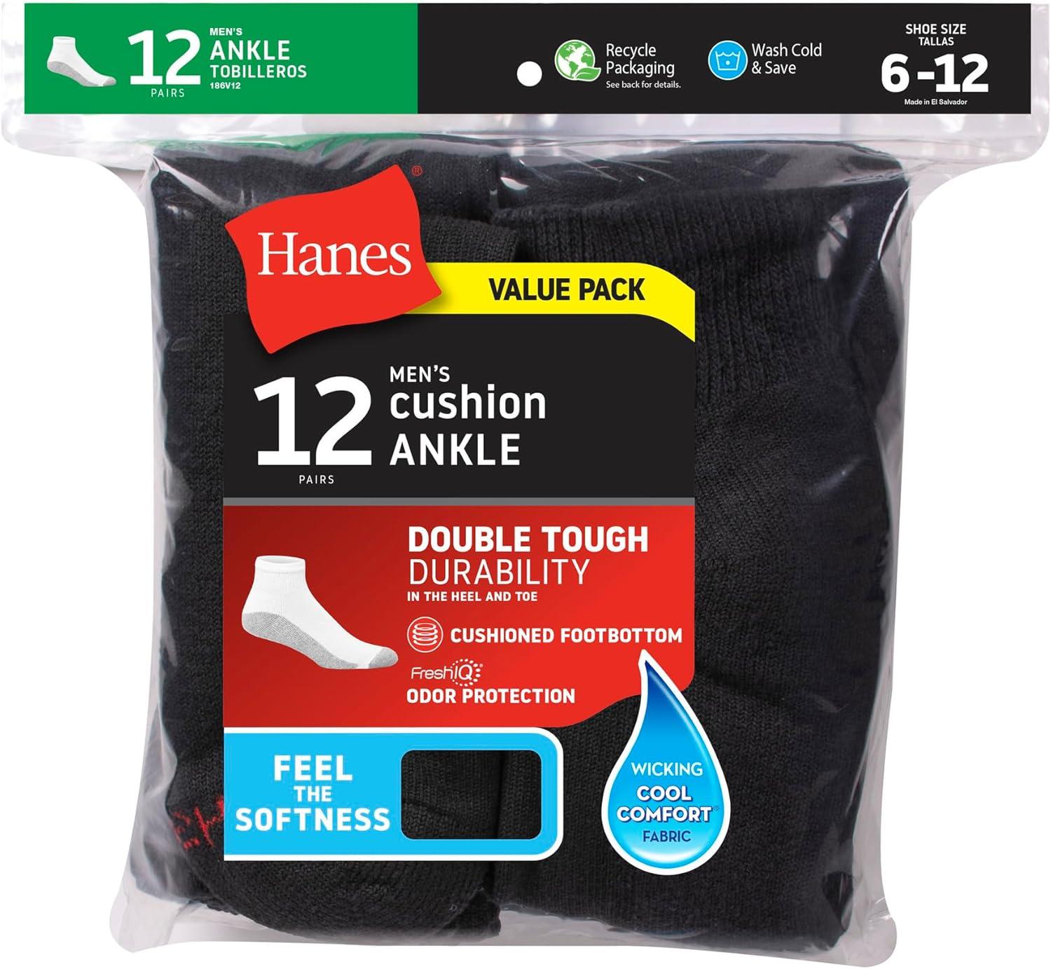 imageHanes Mens Double Tough Socks Crew and Ankle Moisturing Wicking Socks Black ampamp White MultiPacksBlack 12 Pack