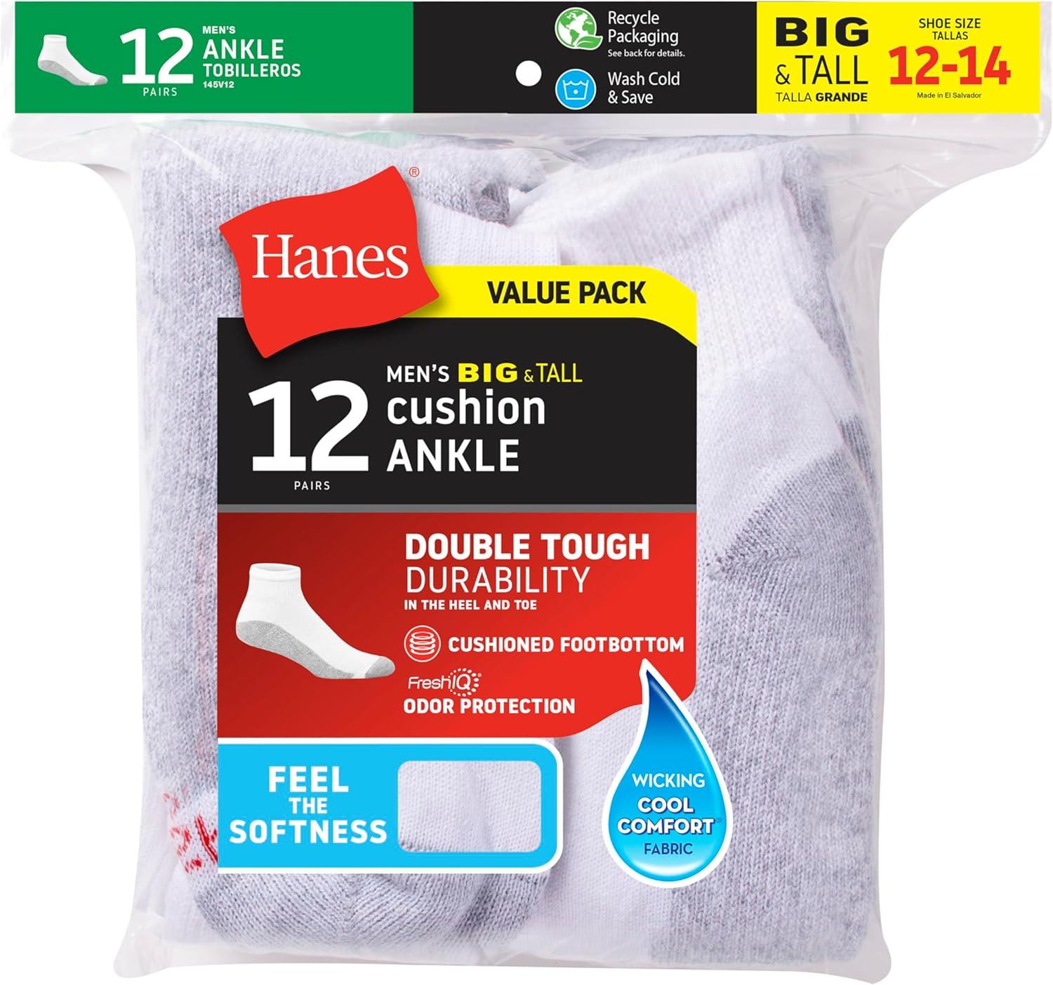 imageHanes Mens Double Tough Socks Crew and Ankle Moisturing Wicking Socks Black ampamp White MultiPacksWhite 12 Pack