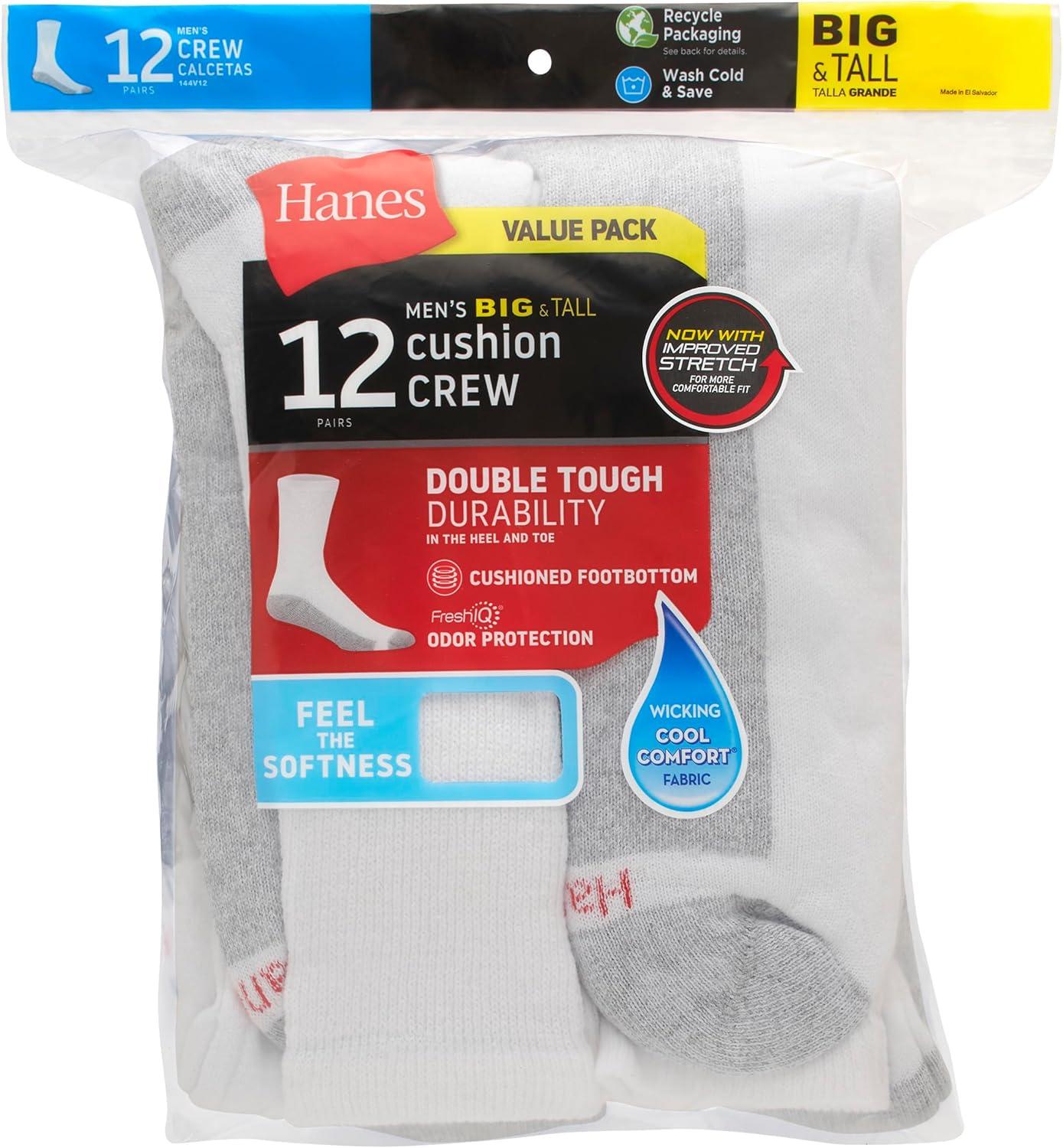 imageHanes Mens Double Tough Socks Crew and Ankle Moisturing Wicking Socks Black ampamp White MultiPacksWhite 12 Pack