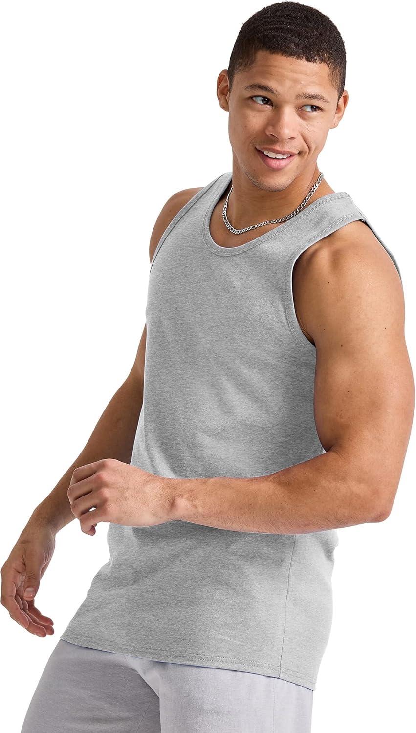 imageHanes Mens Essentials Tank Top Pack Midweight Cotton Tanks Sleeveless Shirts 3PackLight Steel