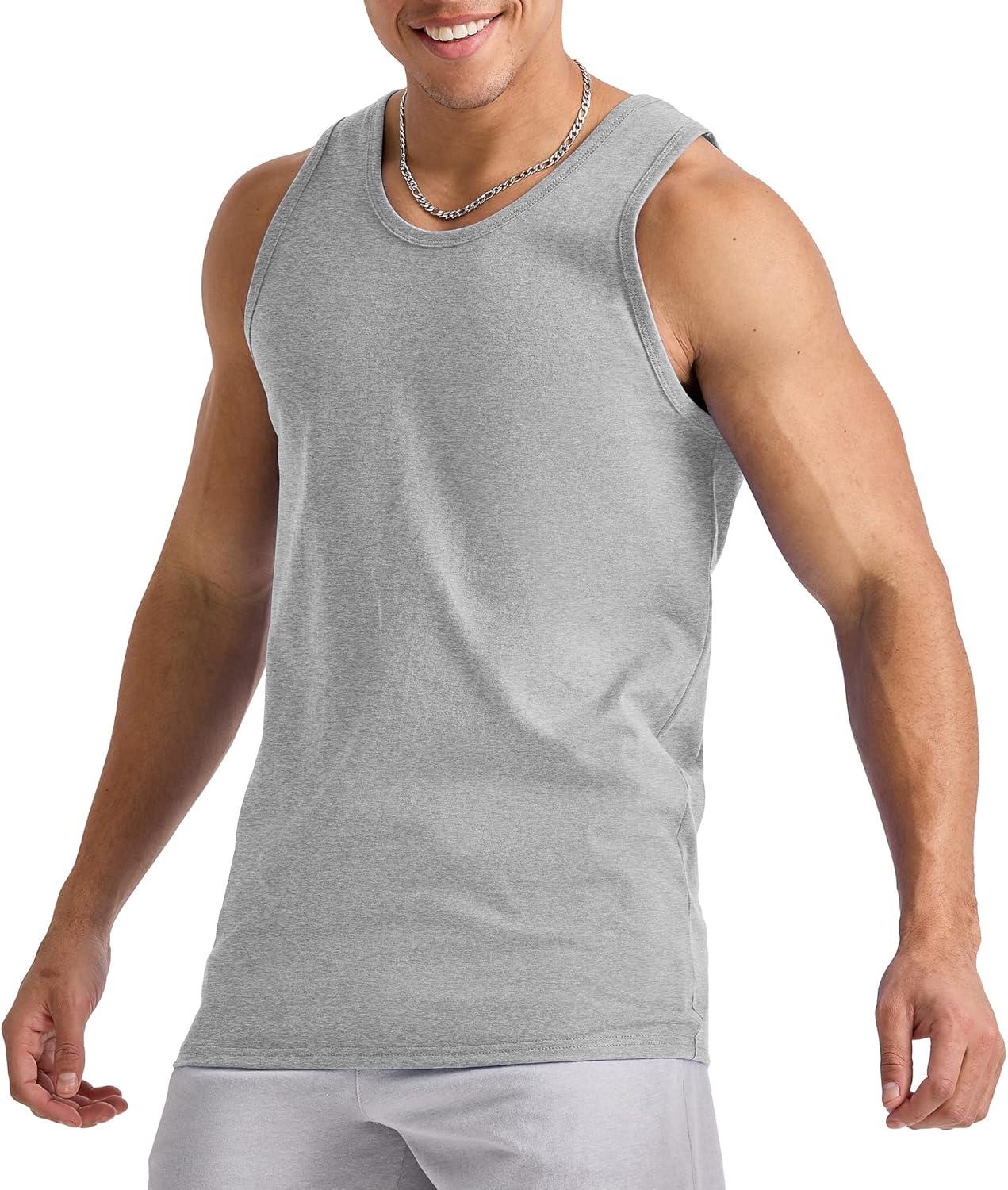 imageHanes Mens Essentials Tank Top Pack Midweight Cotton Tanks Sleeveless Shirts 3PackLight Steel