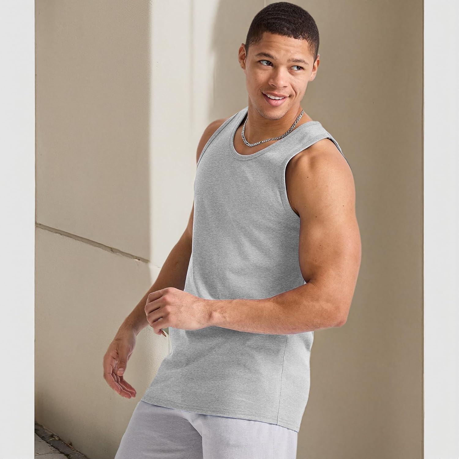 imageHanes Mens Essentials Tank Top Pack Midweight Cotton Tanks Sleeveless Shirts 3PackLight Steel