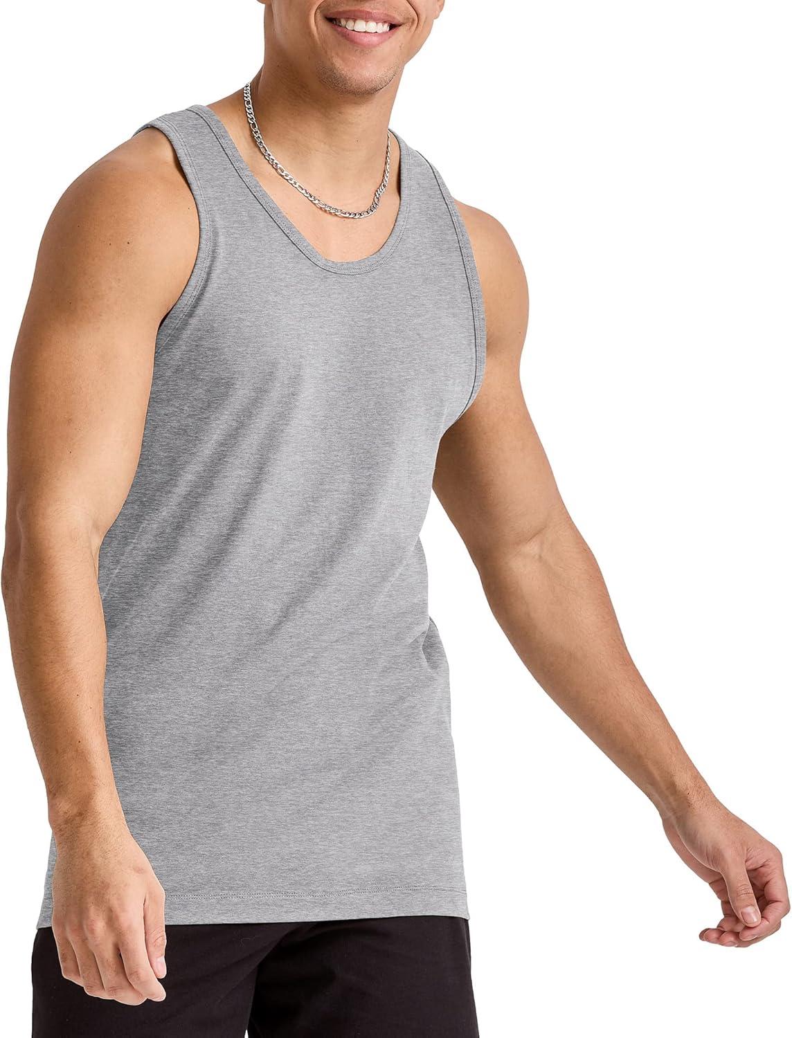 imageHanes Mens Essentials Tank Top Pack Midweight Cotton Tanks Sleeveless Shirts 3PackOxford Gray