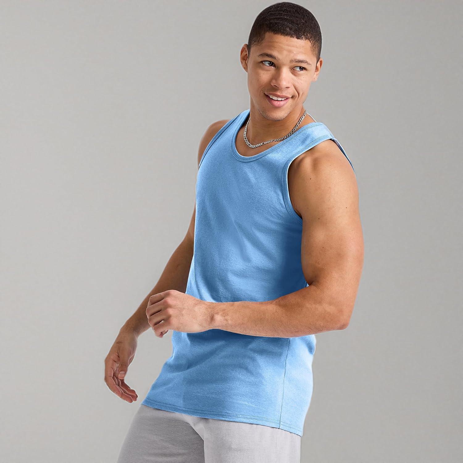 imageHanes Mens Essentials Tank Top Pack Midweight Cotton Tanks Sleeveless Shirts 3PackSwiss Blue