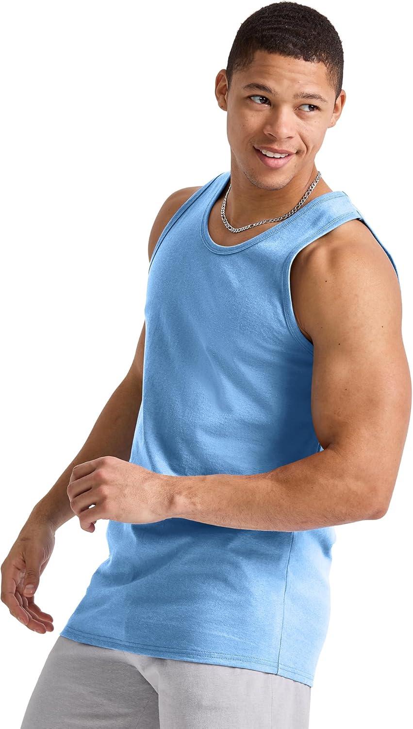 imageHanes Mens Essentials Tank Top Pack Midweight Cotton Tanks Sleeveless Shirts 3PackSwiss Blue