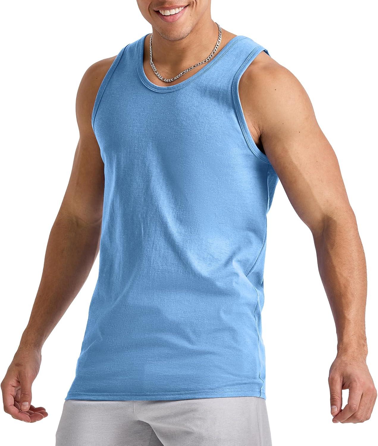 imageHanes Mens Essentials Tank Top Pack Midweight Cotton Tanks Sleeveless Shirts 3PackSwiss Blue