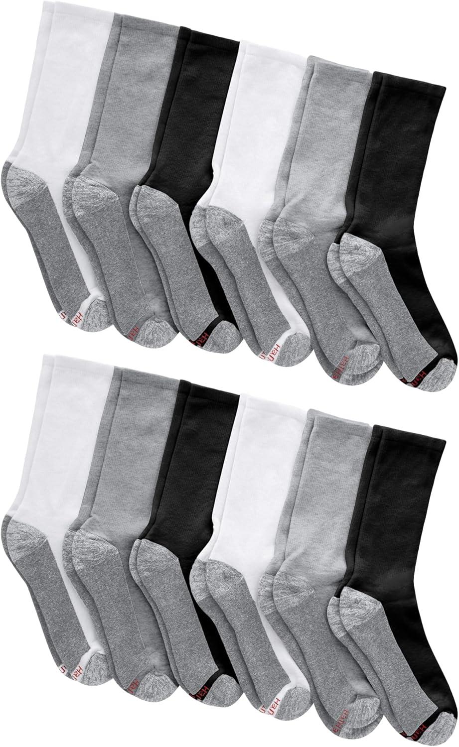 imageHanes Mens Max Cushioned Crew Socks MoistureWicking with Odor Control MultipackBlackWhiteGray 12 Pack