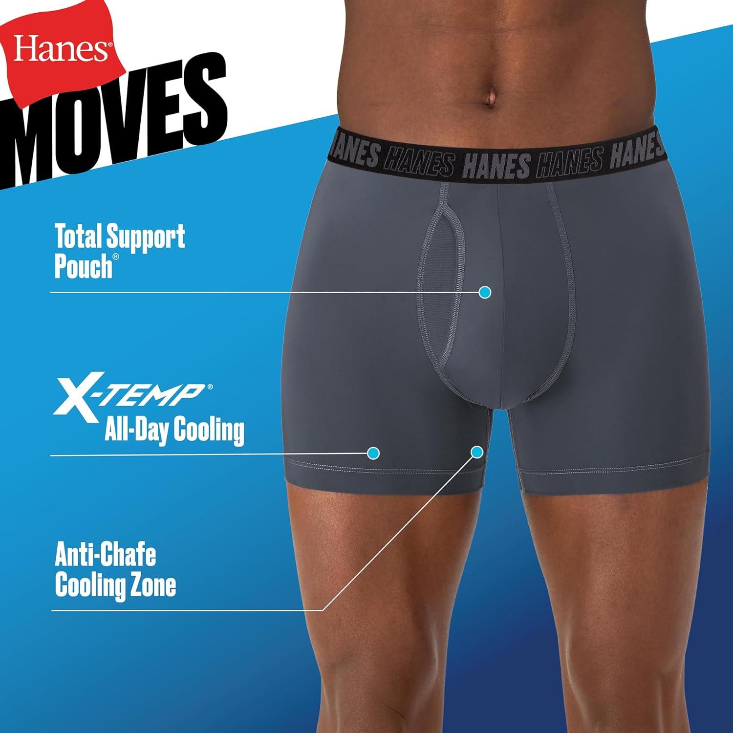 imageHanes Mens Moves AntiChafe Undewear Boxer Briefs Pack Total Support Pouch Cooling Trunks AvailGreyBlack