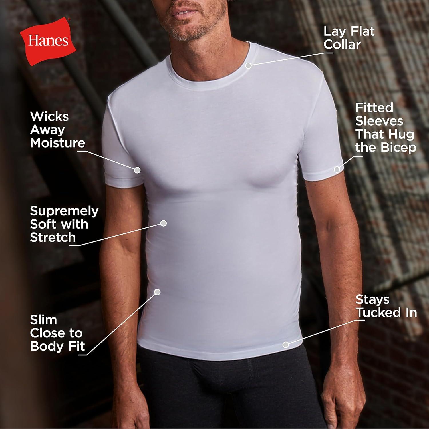 imageHanes Mens Perfect Flex Crewneck Tee 1Pack Stay Tucked Fitted Undershirt Slim Fit Tight on Arms White ampamp BlackBlack
