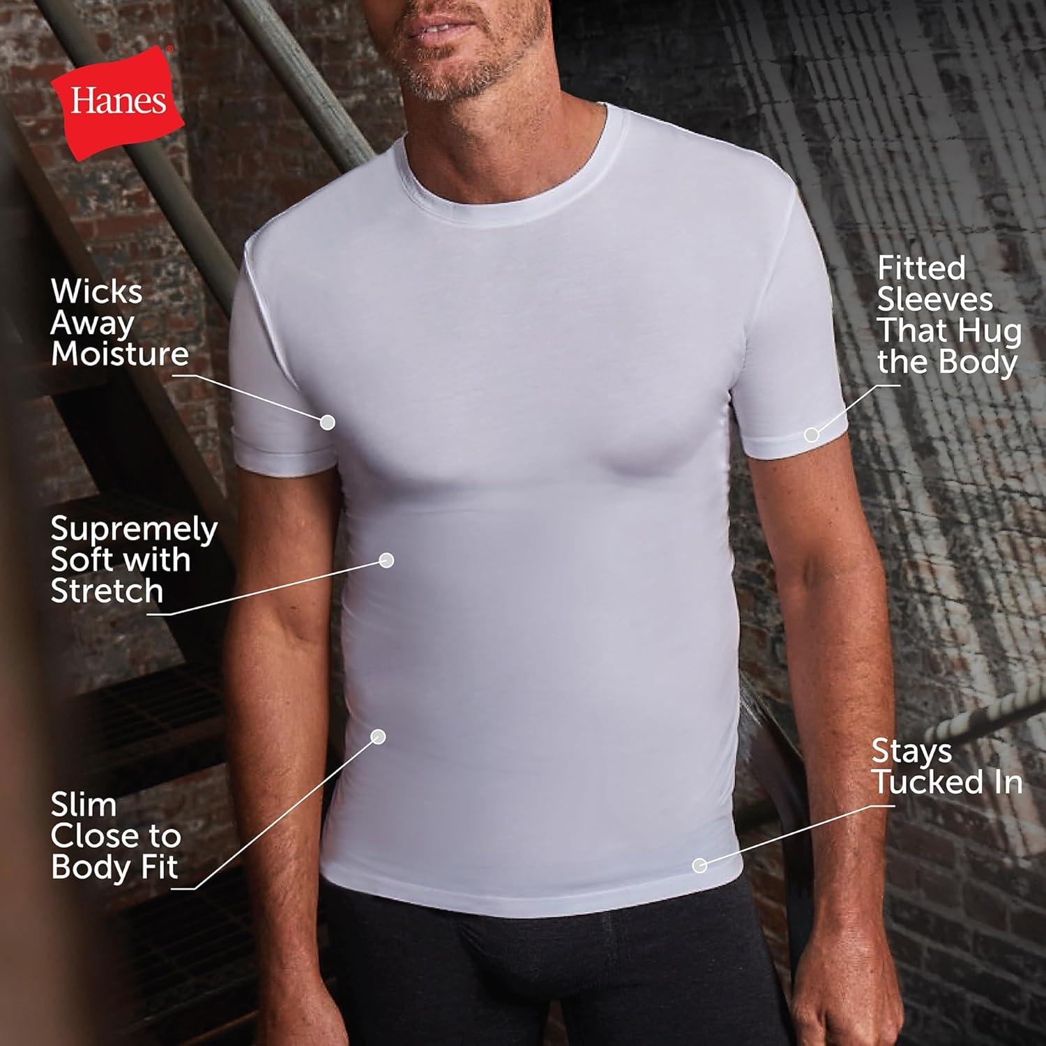 imageHanes Mens Perfect Flex Crewneck Tee 1Pack Stay Tucked Fitted Undershirt Slim Fit Tight on Arms White ampamp BlackWhite
