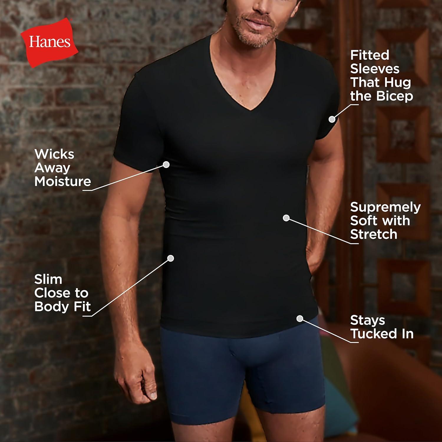 imageHanes Mens Perfect Flex VNeck Tee Stay Tucked Undershirt Slim Fit Tight on Arms TShirt White ampamp BlackWhite