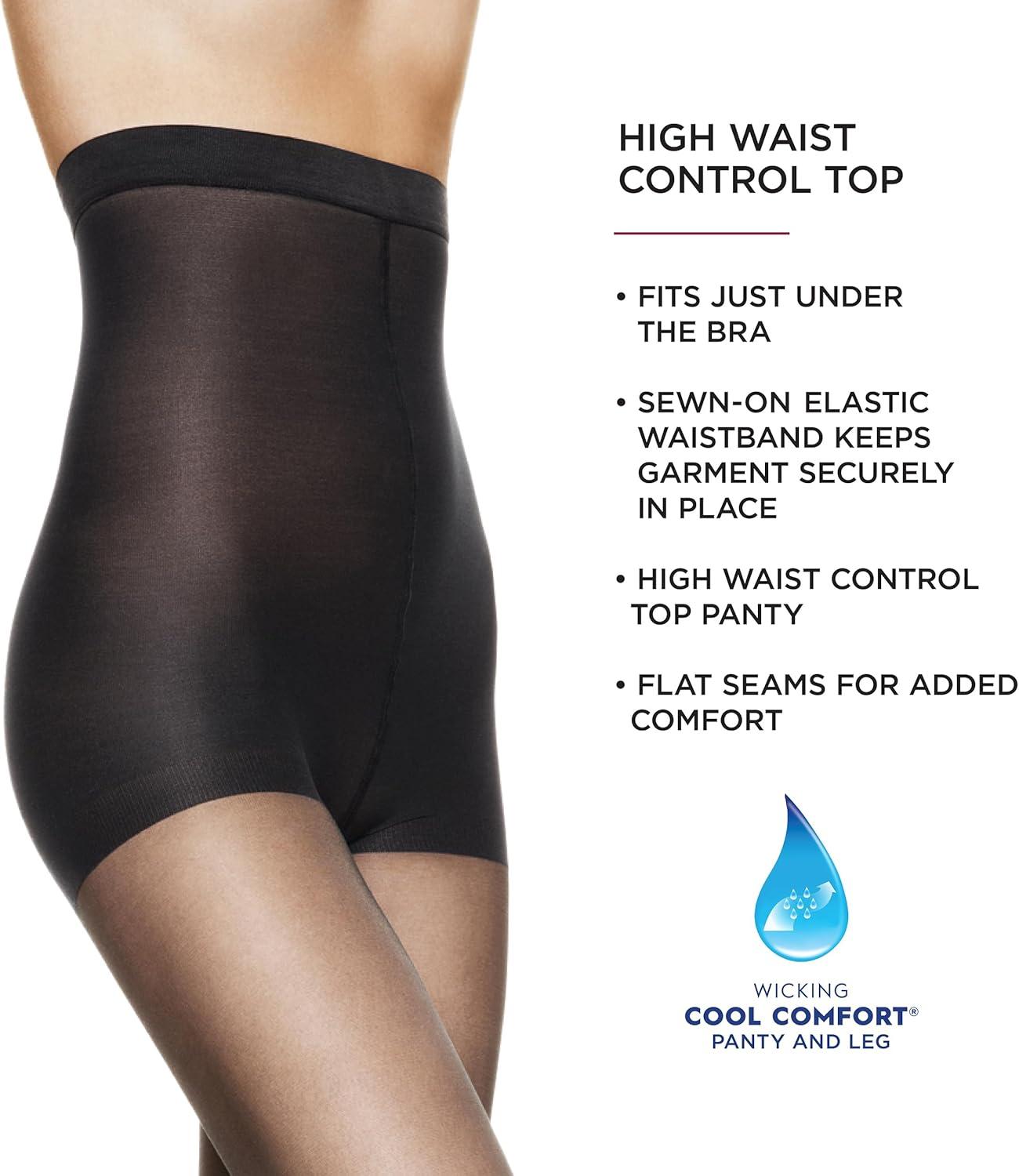 imageHanes Silk Reflections Control Top Sheer Toe Silky Sheer High Waisted PantyhoseBarely Black