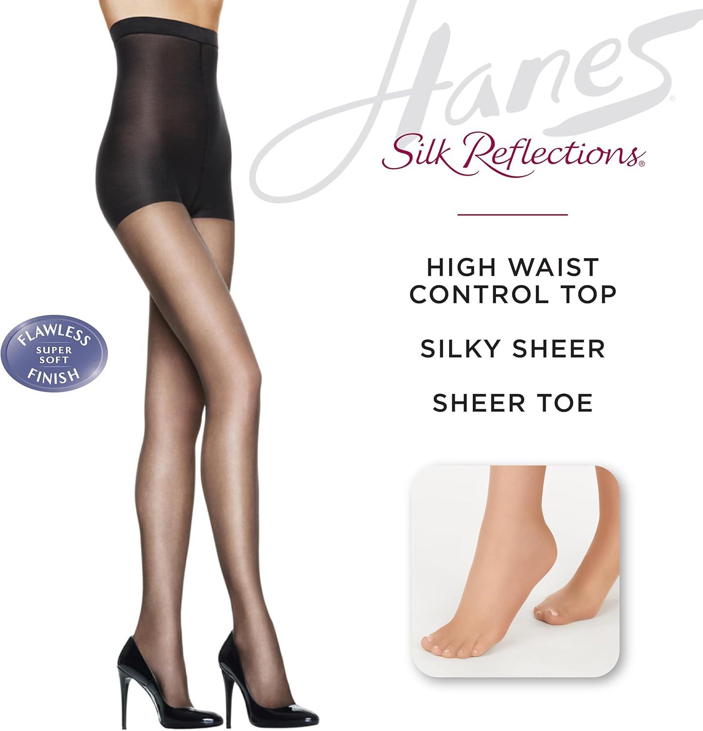 imageHanes Silk Reflections Control Top Sheer Toe Silky Sheer High Waisted PantyhoseBarely Black