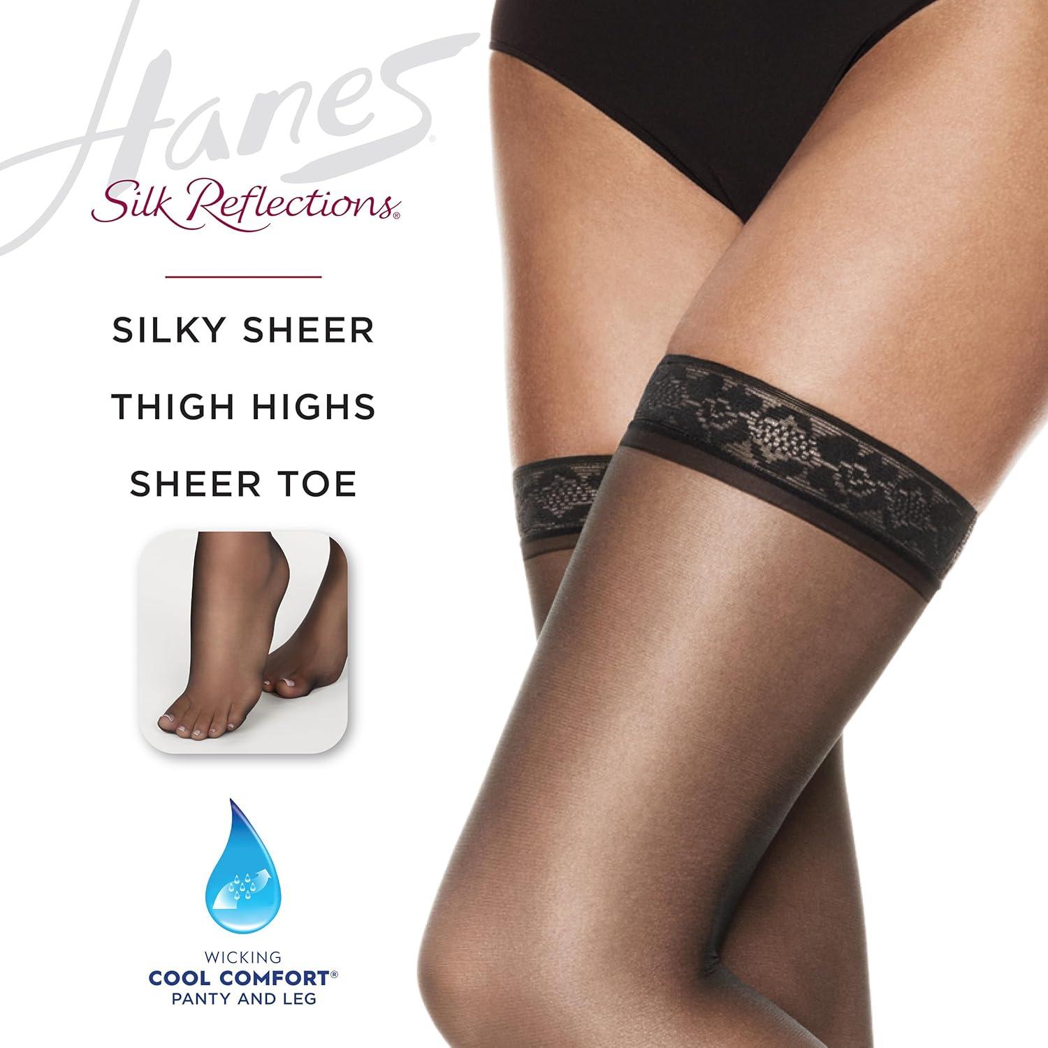 imageHanes Silk Reflections Sheer Toe Silky Sheer Finish Womens Lace Top Thigh HighsWhite