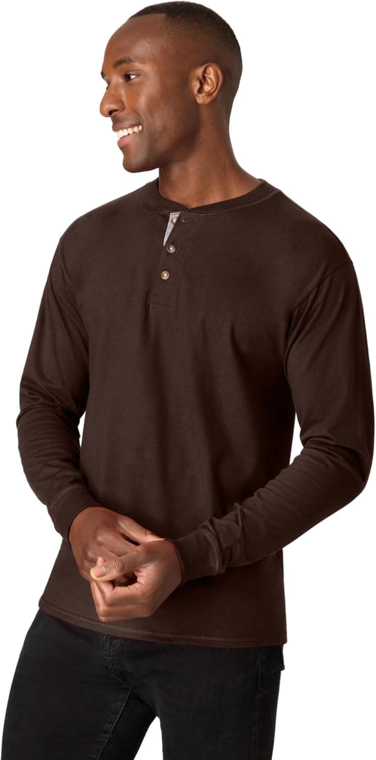 imageHanes T Beefyt Henley Mens Cotton Long Sleeve ShirtsDark Truffle