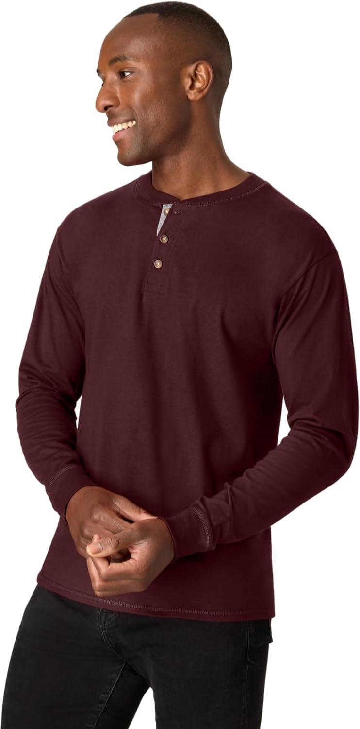 imageHanes T Beefyt Henley Mens Cotton Long Sleeve ShirtsMulled Berry