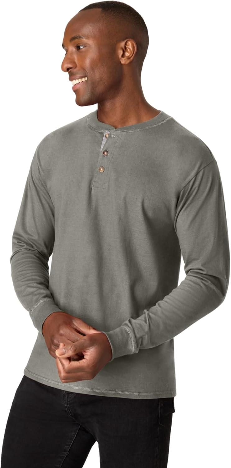 imageHanes T Beefyt Henley Mens Cotton Long Sleeve ShirtsPebblestone Crossdye