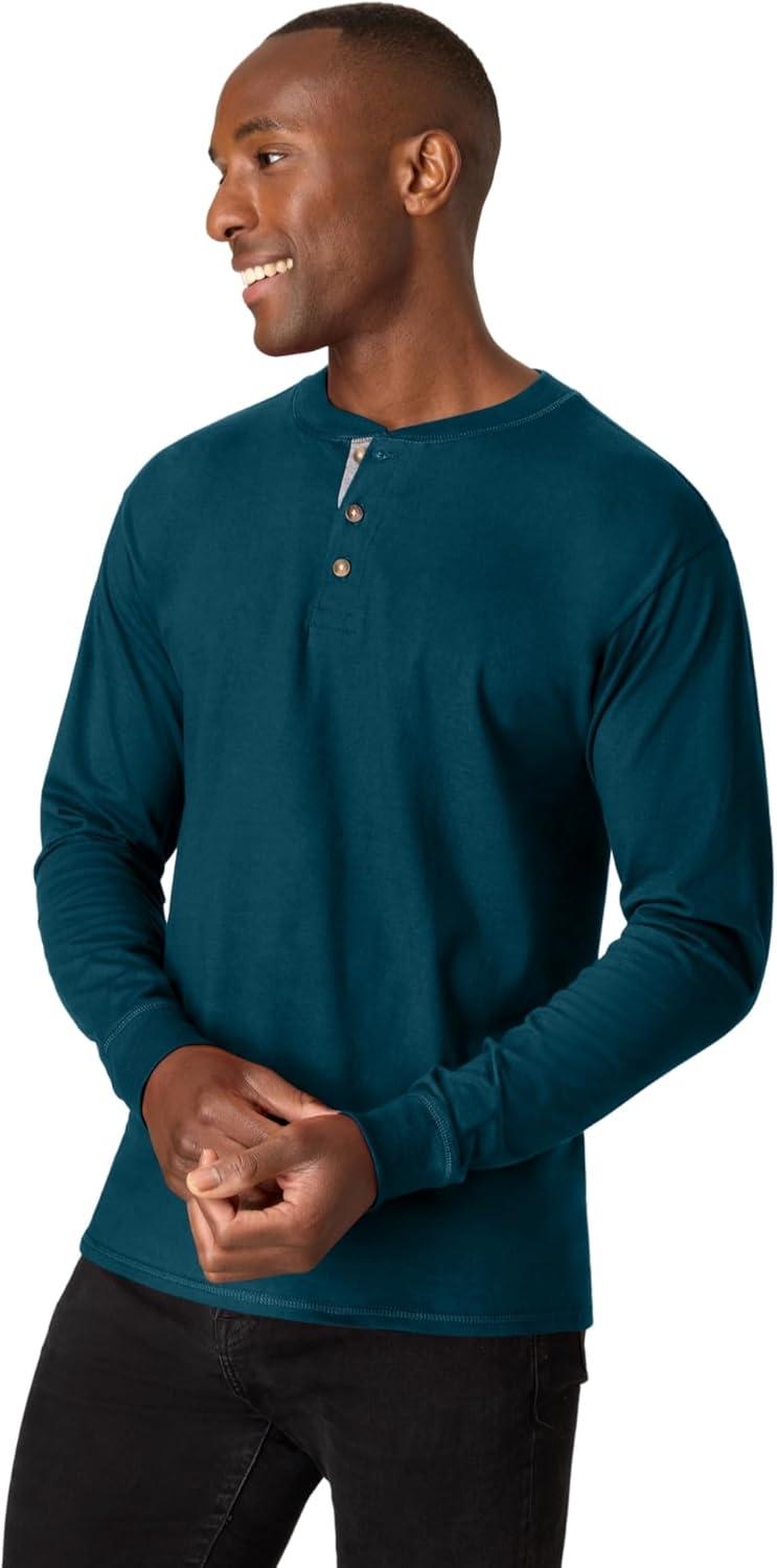 imageHanes T Beefyt Henley Mens Cotton Long Sleeve ShirtsPetro Teal