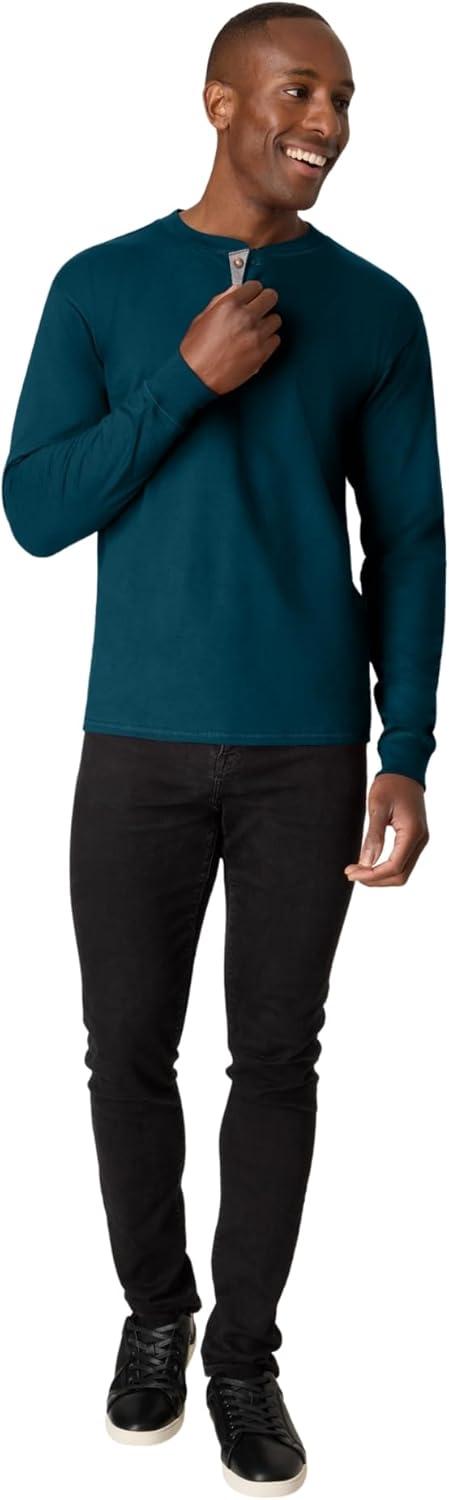 imageHanes T Beefyt Henley Mens Cotton Long Sleeve ShirtsPetro Teal