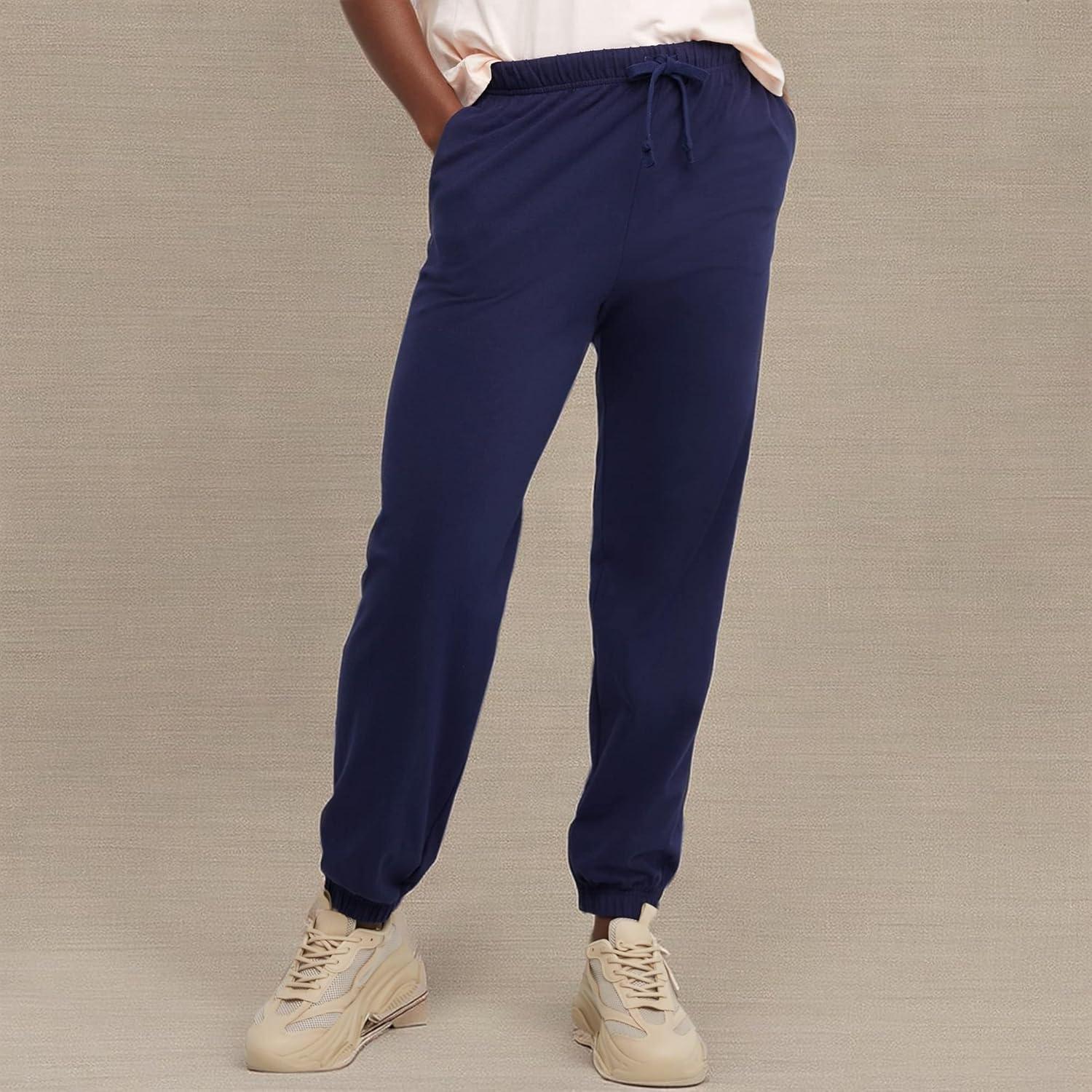 imageHanes Womens Essential Jogger Pants Drawstring Sweatpants for Women 100 Cotton Jersey 29quotAthletic Navy