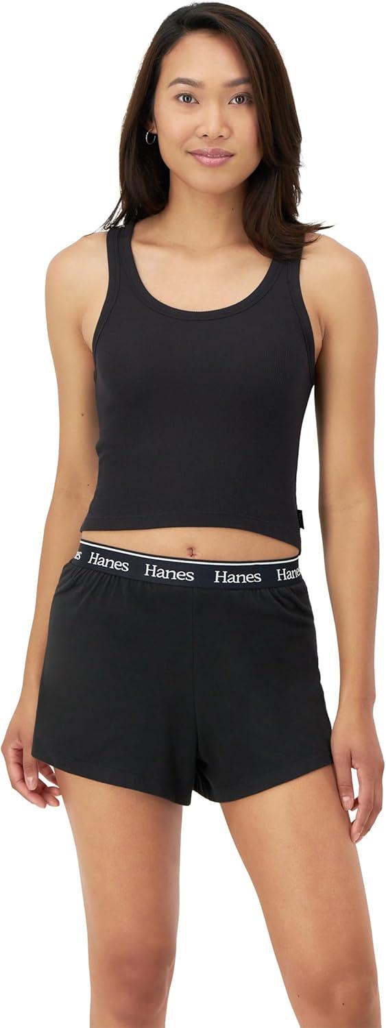 imageHanes Womens Originals Comfywear Rib Crop Tank and Sleep Shorts 2Piece SetBlackBlack