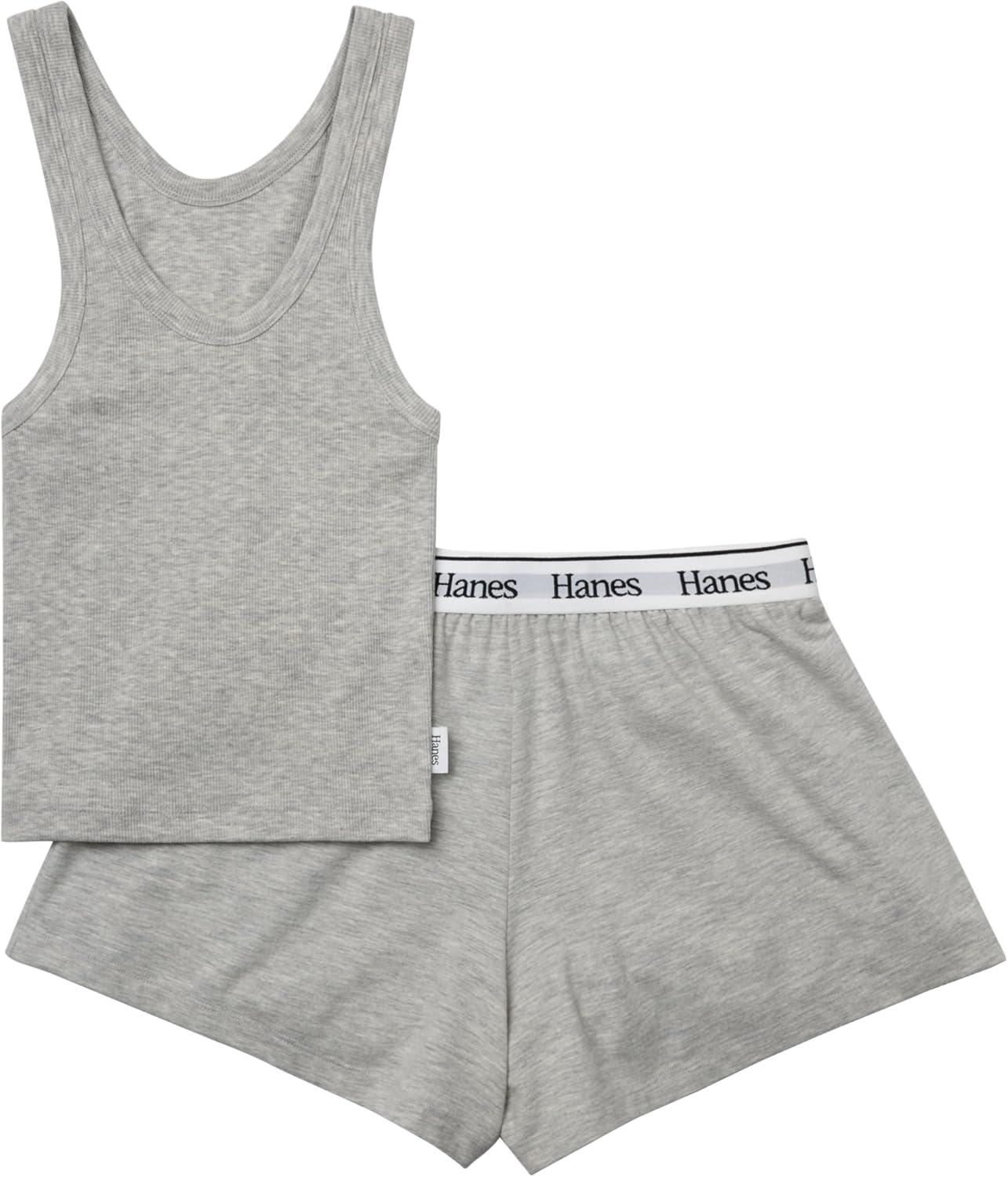 imageHanes Womens Originals Comfywear Rib Crop Tank and Sleep Shorts 2Piece SetHeritage Grey Marle Heritage Grey Marle