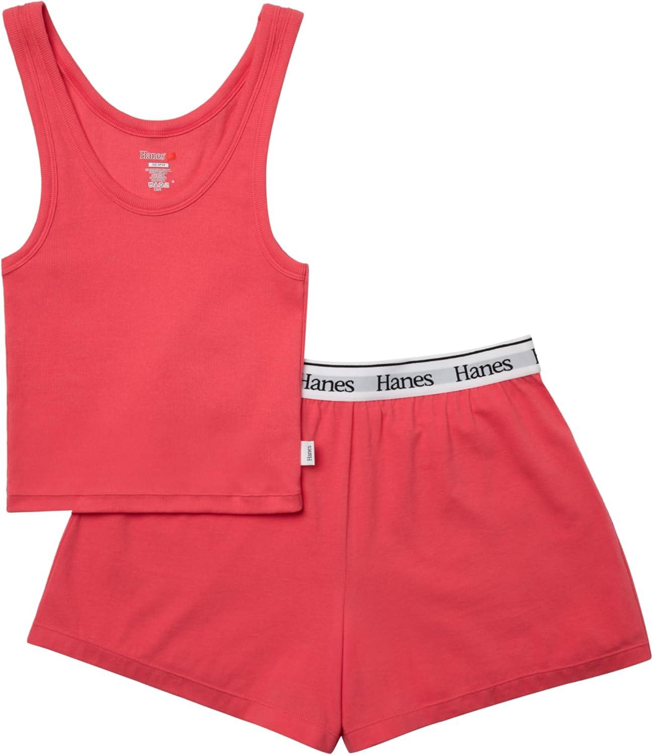 imageHanes Womens Originals Comfywear Rib Crop Tank and Sleep Shorts 2Piece SetPink CoralPink Coral