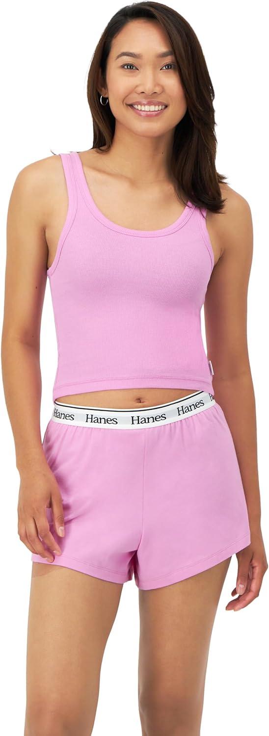 imageHanes Womens Originals Comfywear Rib Crop Tank and Sleep Shorts 2Piece SetStrawberry PinkStrawberry Pink