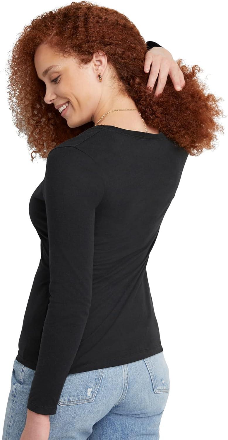 imageHanes Womens Originals Long Sleeve Cotton TShirt Lightweight Crewneck Tee Modern FitEbony