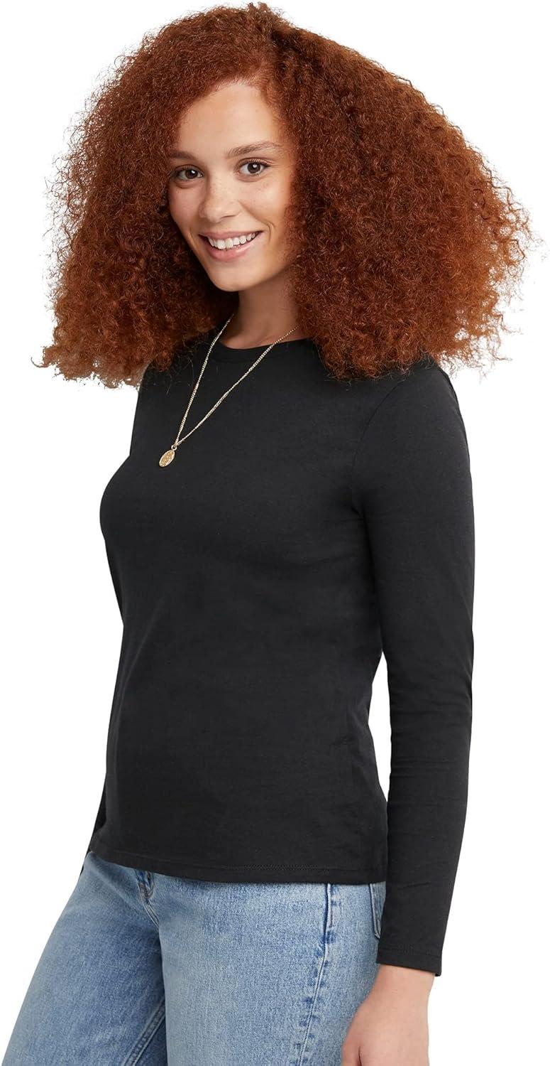 imageHanes Womens Originals Long Sleeve Cotton TShirt Lightweight Crewneck Tee Modern FitEbony