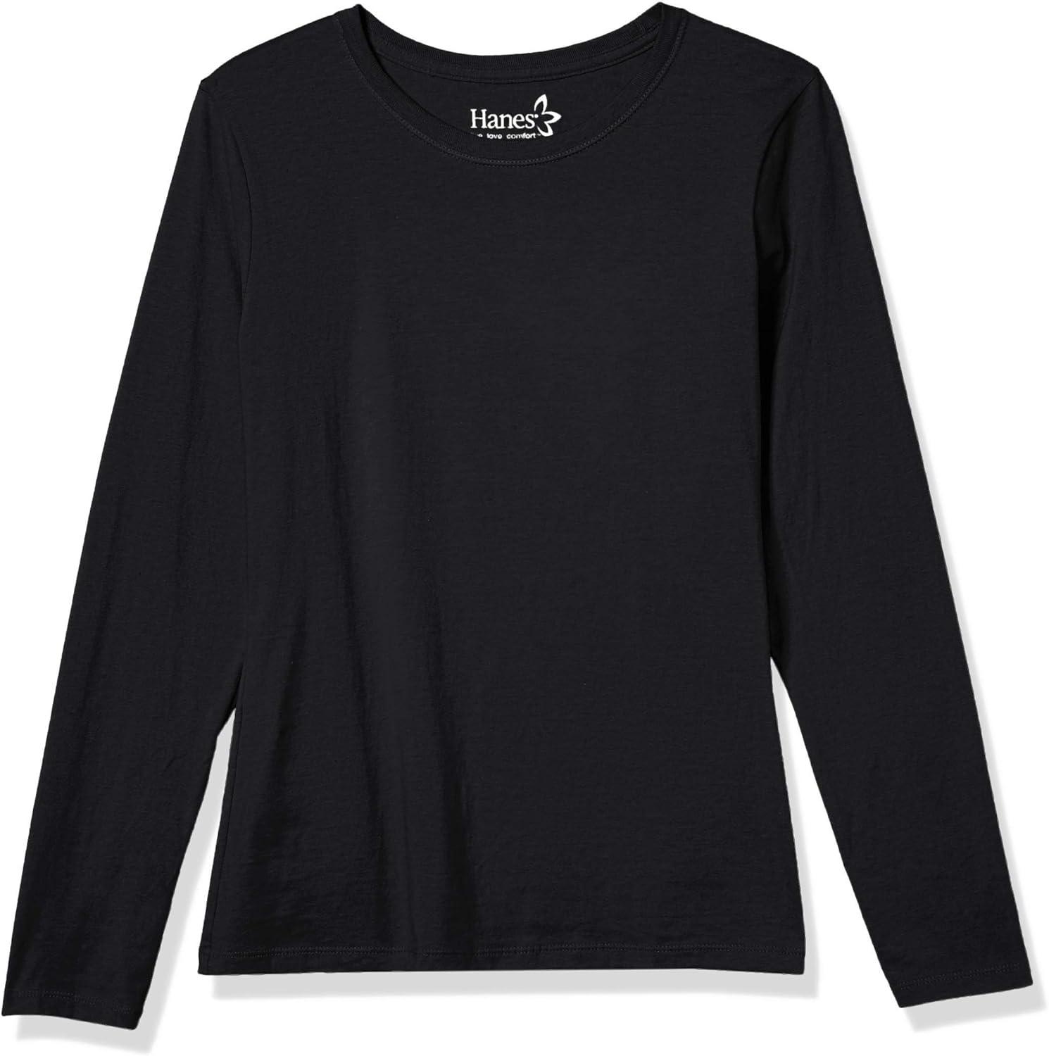 imageHanes Womens Originals Long Sleeve Cotton TShirt Lightweight Crewneck Tee Modern FitEbony