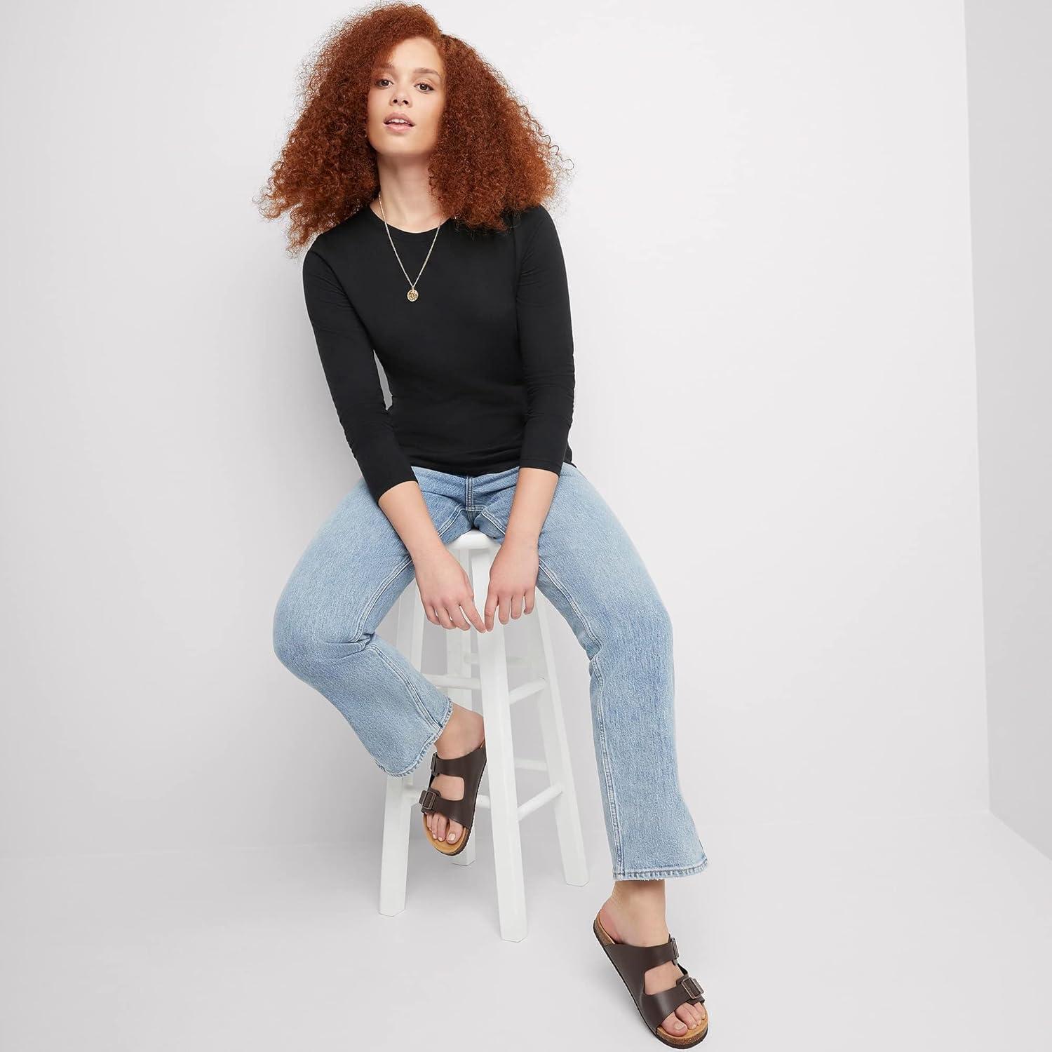 imageHanes Womens Originals Long Sleeve Cotton TShirt Lightweight Crewneck Tee Modern FitEbony