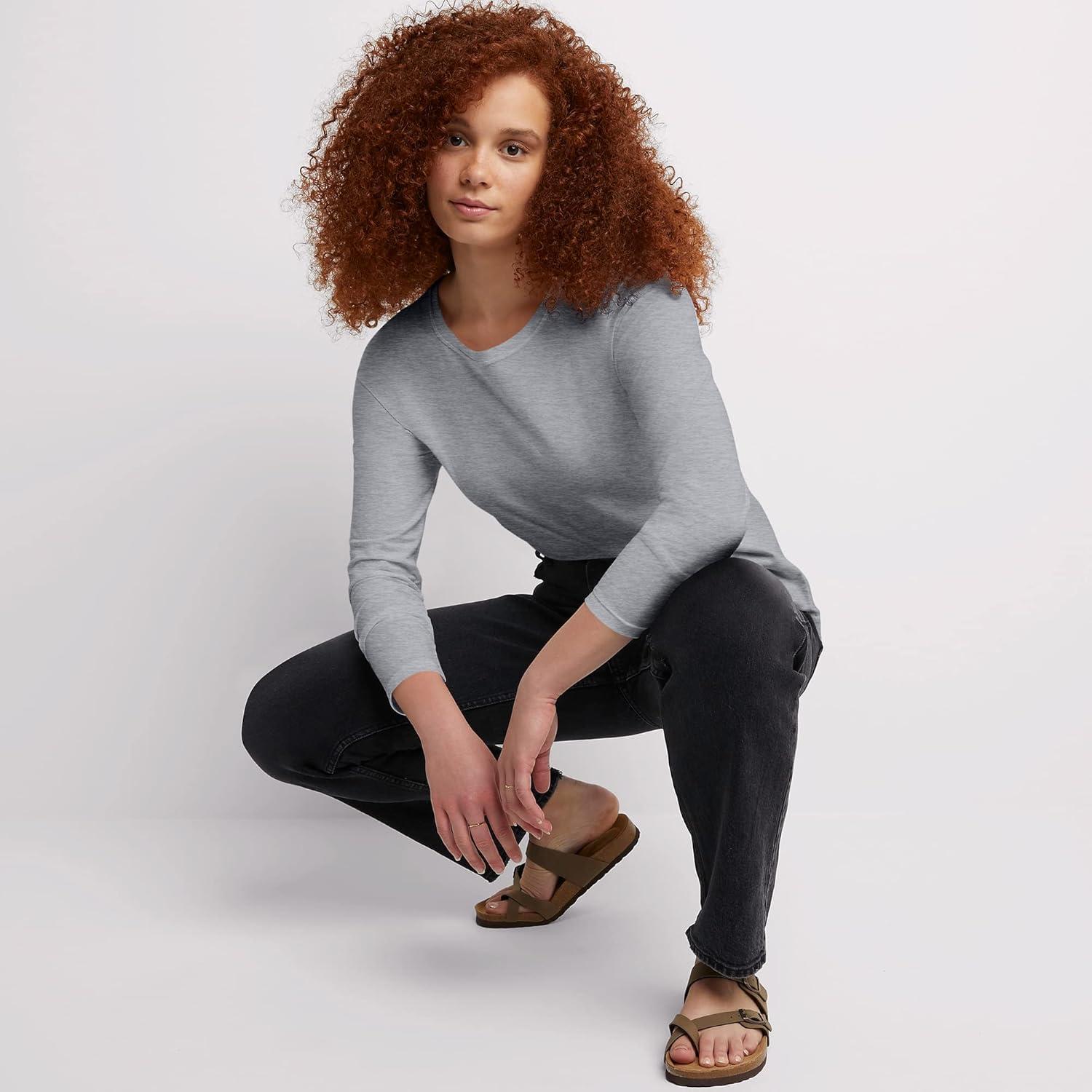 imageHanes Womens Originals Long Sleeve Cotton TShirt Lightweight Crewneck Tee Modern FitLight Steel