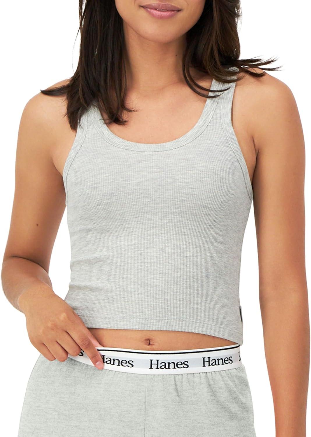 imageHanes Womens Originals Rib Crop Tank Top 2Pack Comfywear Stretch Cotton Cropped TopHeather Grey MarleBlack