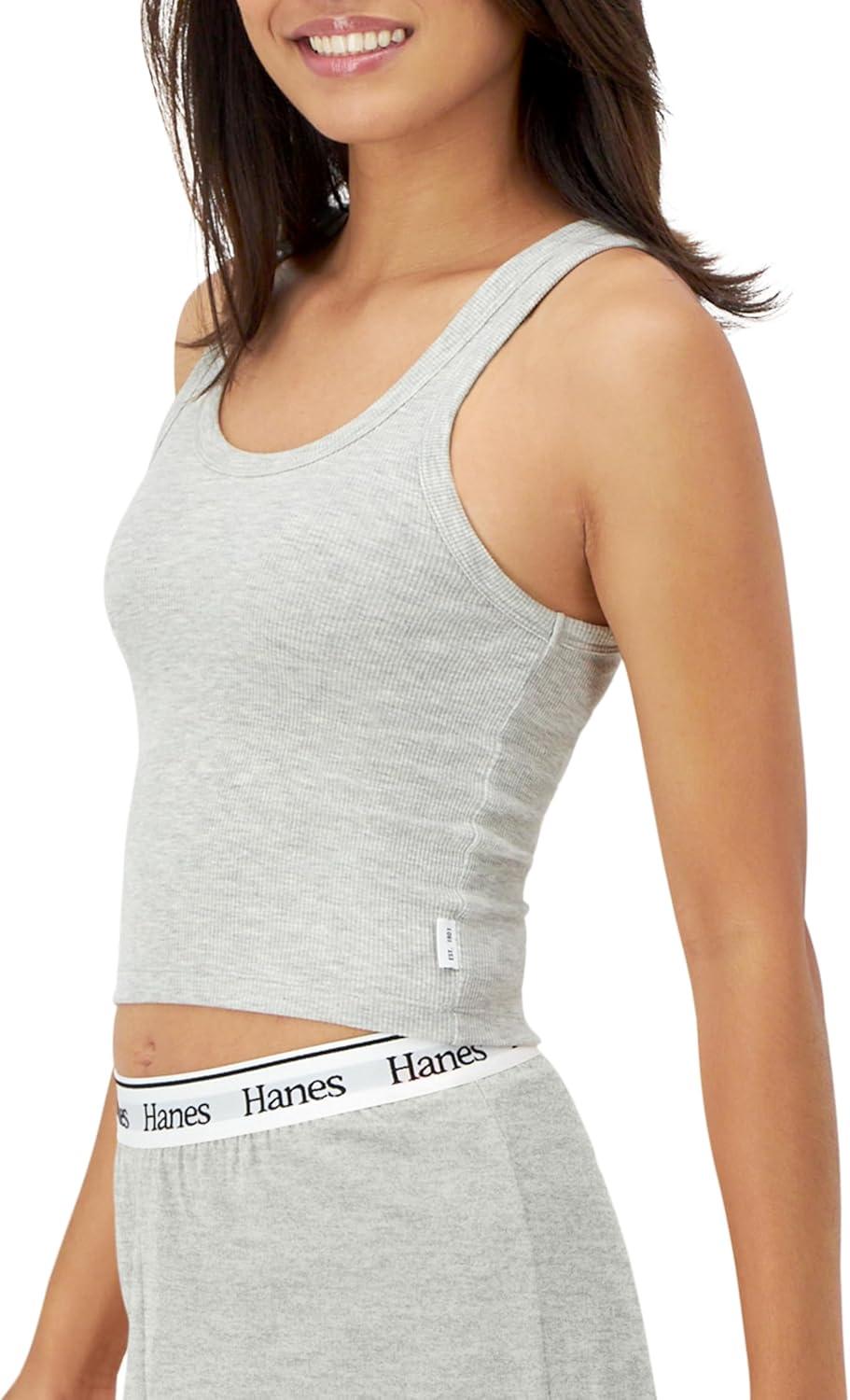 imageHanes Womens Originals Rib Crop Tank Top 2Pack Comfywear Stretch Cotton Cropped TopHeather Grey MarleBlack