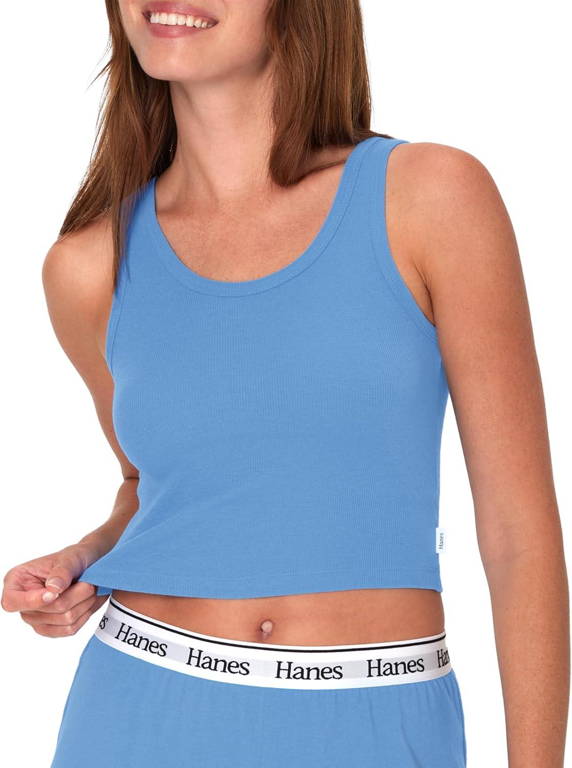 imageHanes Womens Originals Rib Crop Tank Top 2Pack Comfywear Stretch Cotton Cropped TopProvence BluePink Coral