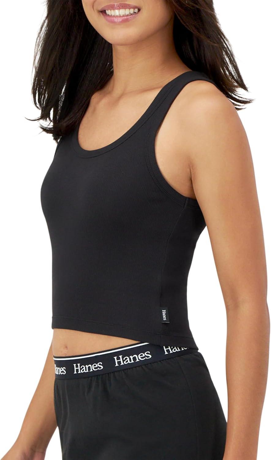 imageHanes Womens Originals Rib Crop Tank Top 2Pack Comfywear Stretch Cotton Cropped TopWhiteBlack