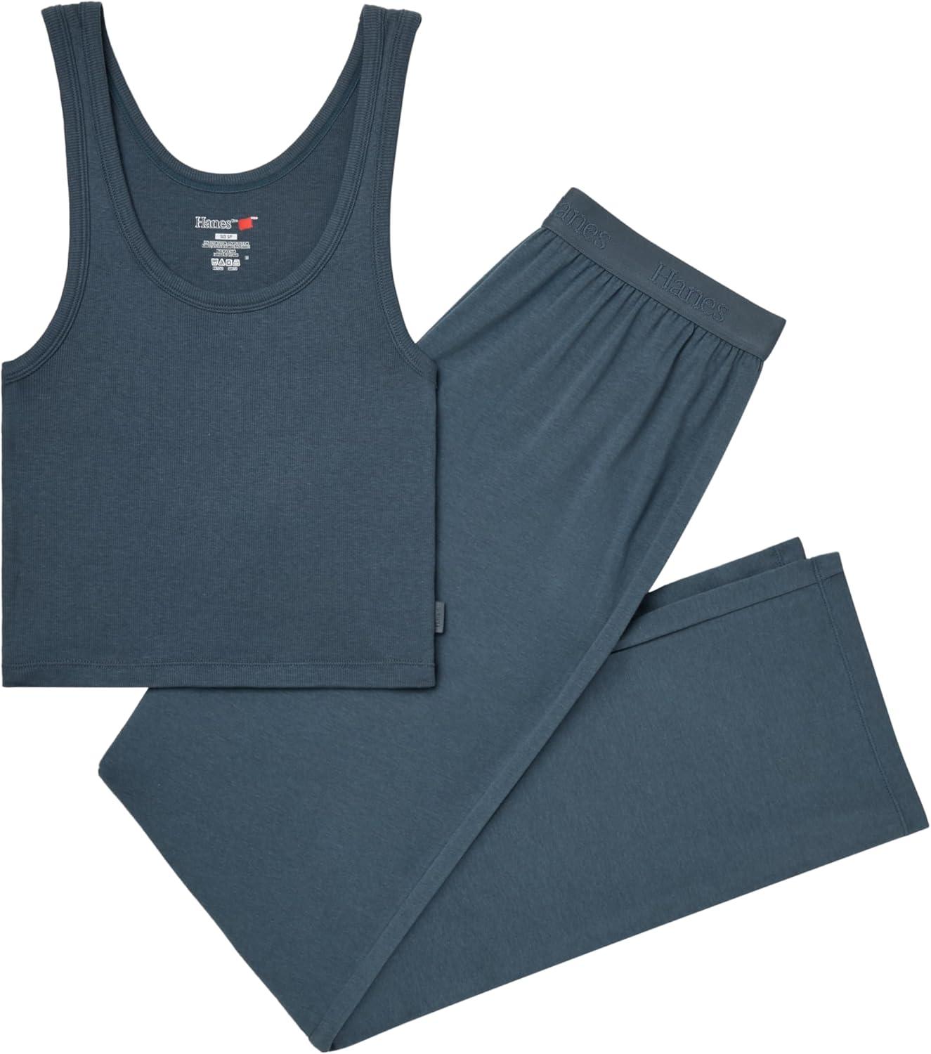 imageHanes Womens Originals SuperSoft Comfywear 2 Piece Crop Tank ampamp Lounge Pants Loungewear SetStargazer GreyStargazer Grey