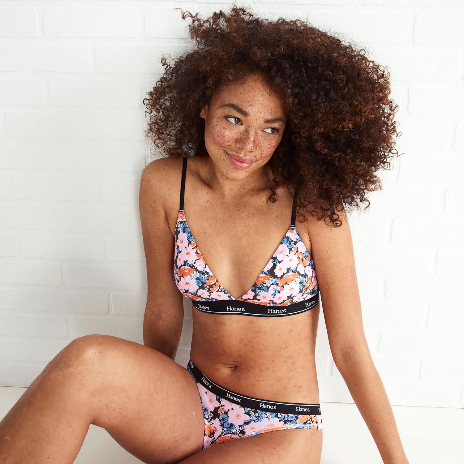 imageHanes Womens Originals Triangle Bralette Pack Breathable Stretch Cotton Bras 2PackBlue Floral PrintWhite