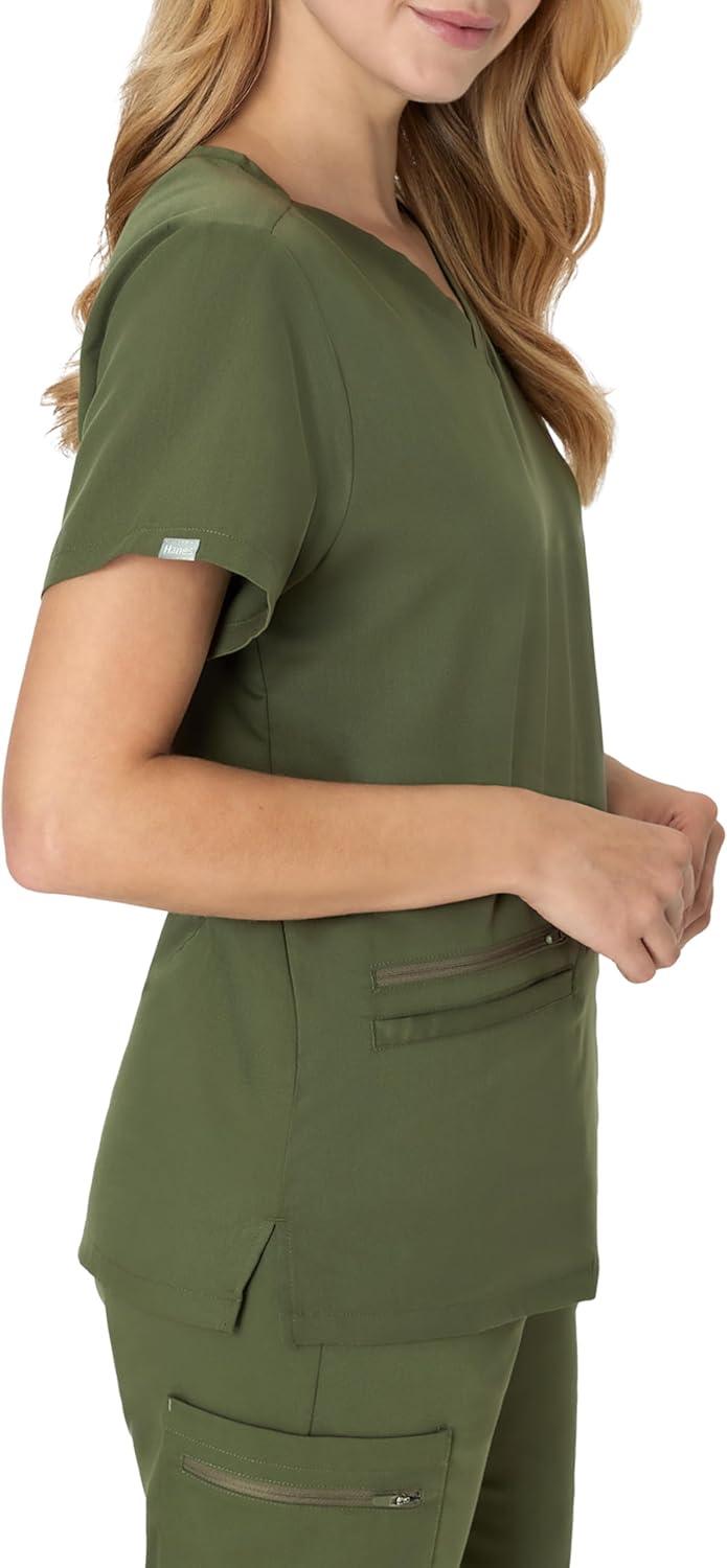 imageHanes Womens Scrub Top Comfort Fit 3Pocket Healthcare Top for Women MoistureWicking Medical Scrub ShirtGreen Moss