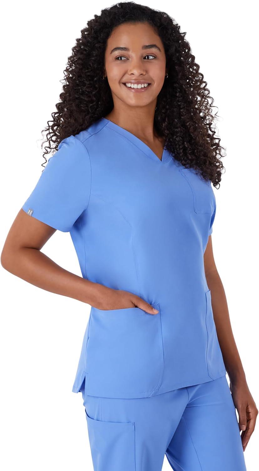 imageHanes Womens Scrubs Healthcare Top MoistureWicking Stretch Scrub Shirts Ribbed Back PanelCeil Blue 2