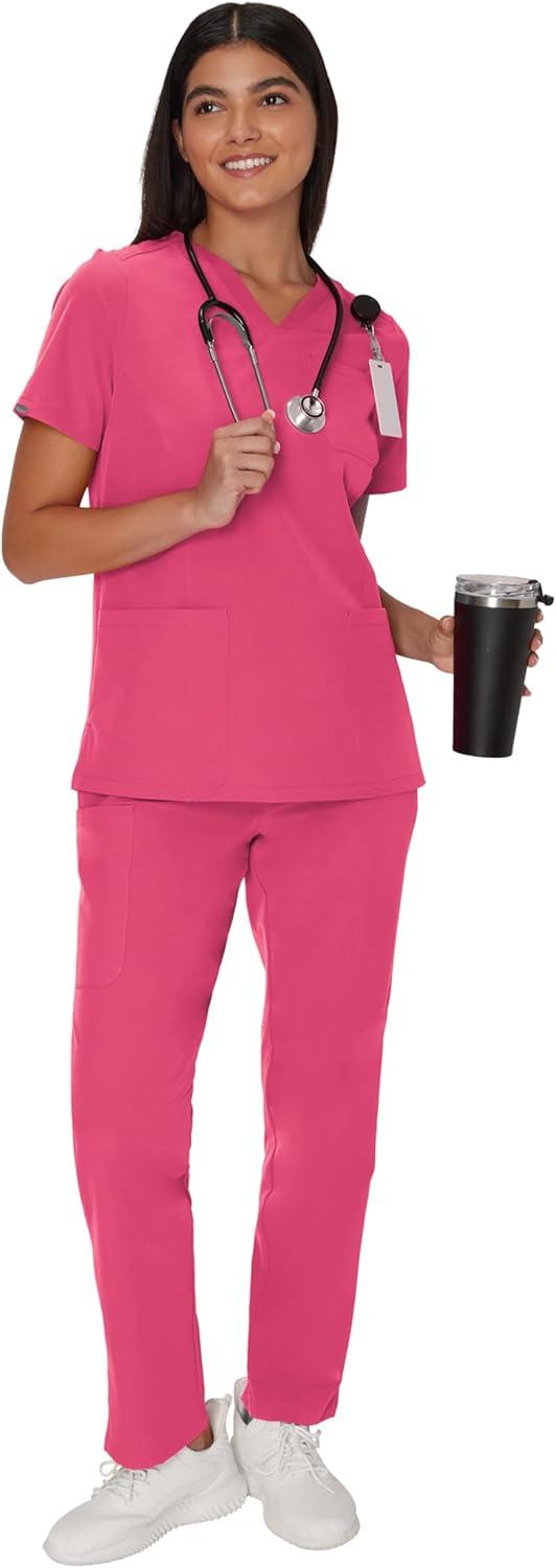 imageHanes Womens Scrubs Healthcare Top MoistureWicking Stretch Scrub Shirts Ribbed Back PanelFuchsia Pink