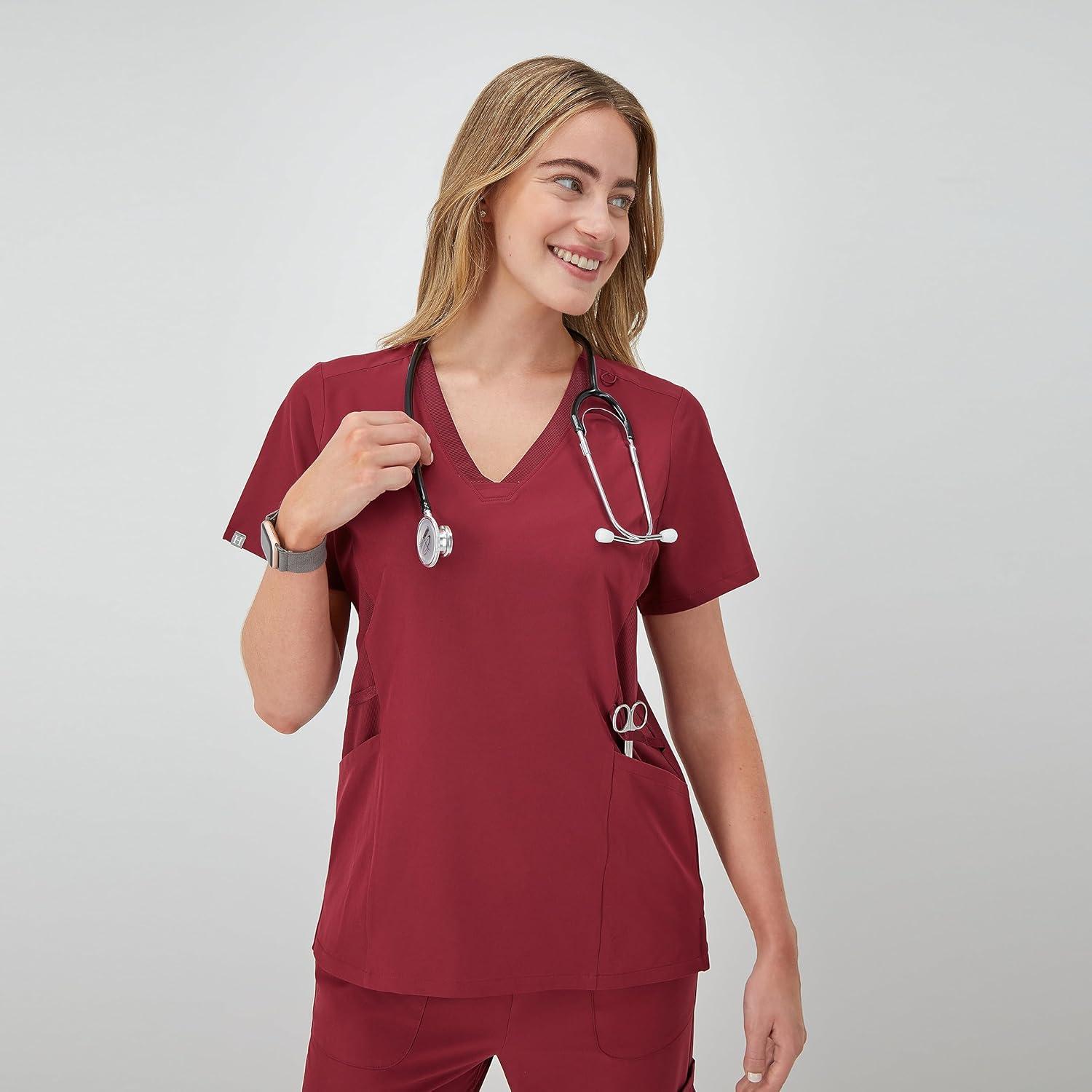 imageHanes Womens Scrubs Healthcare Top MoistureWicking Stretch Scrub Shirts Ribbed Side PanelsAfternoon Burgundy