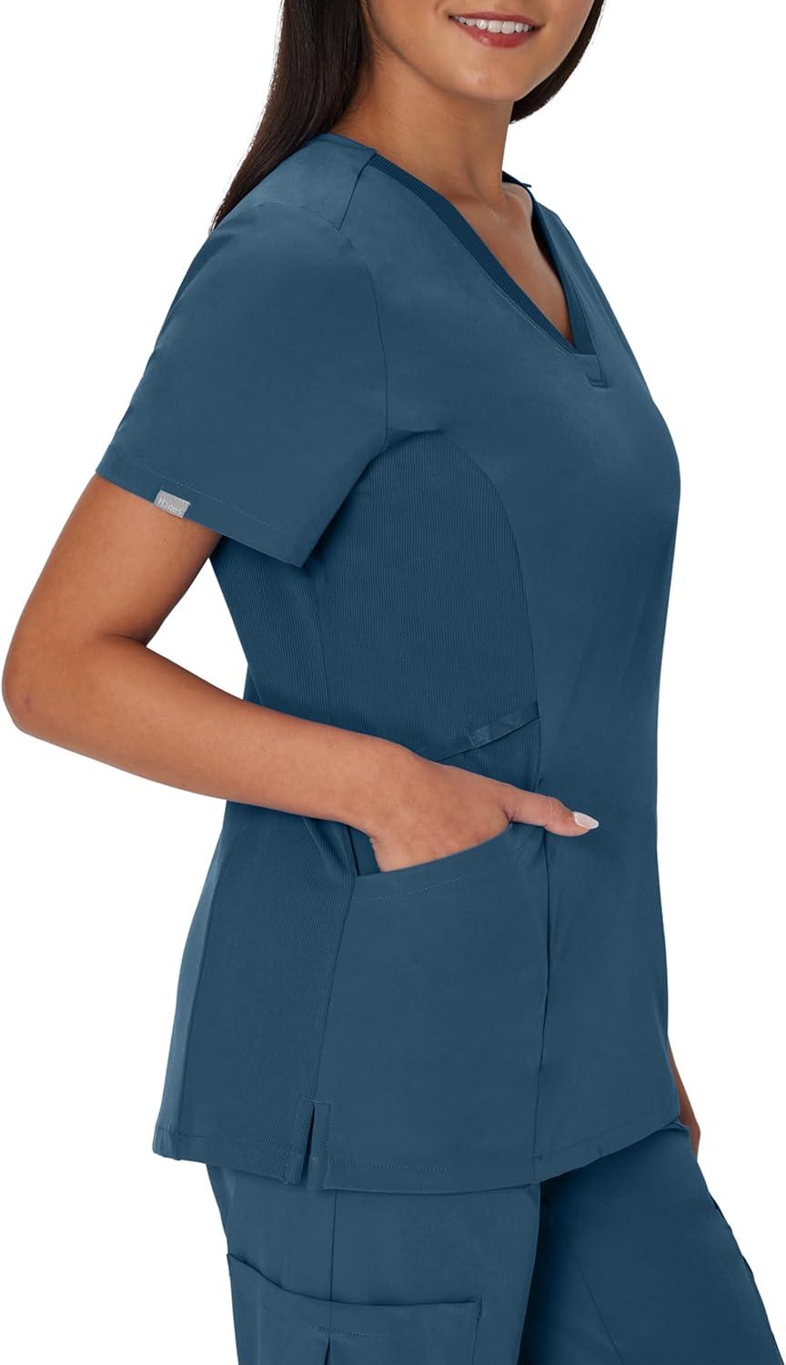 imageHanes Womens Scrubs Healthcare Top MoistureWicking Stretch Scrub Shirts Ribbed Side PanelsCaribbean Blue